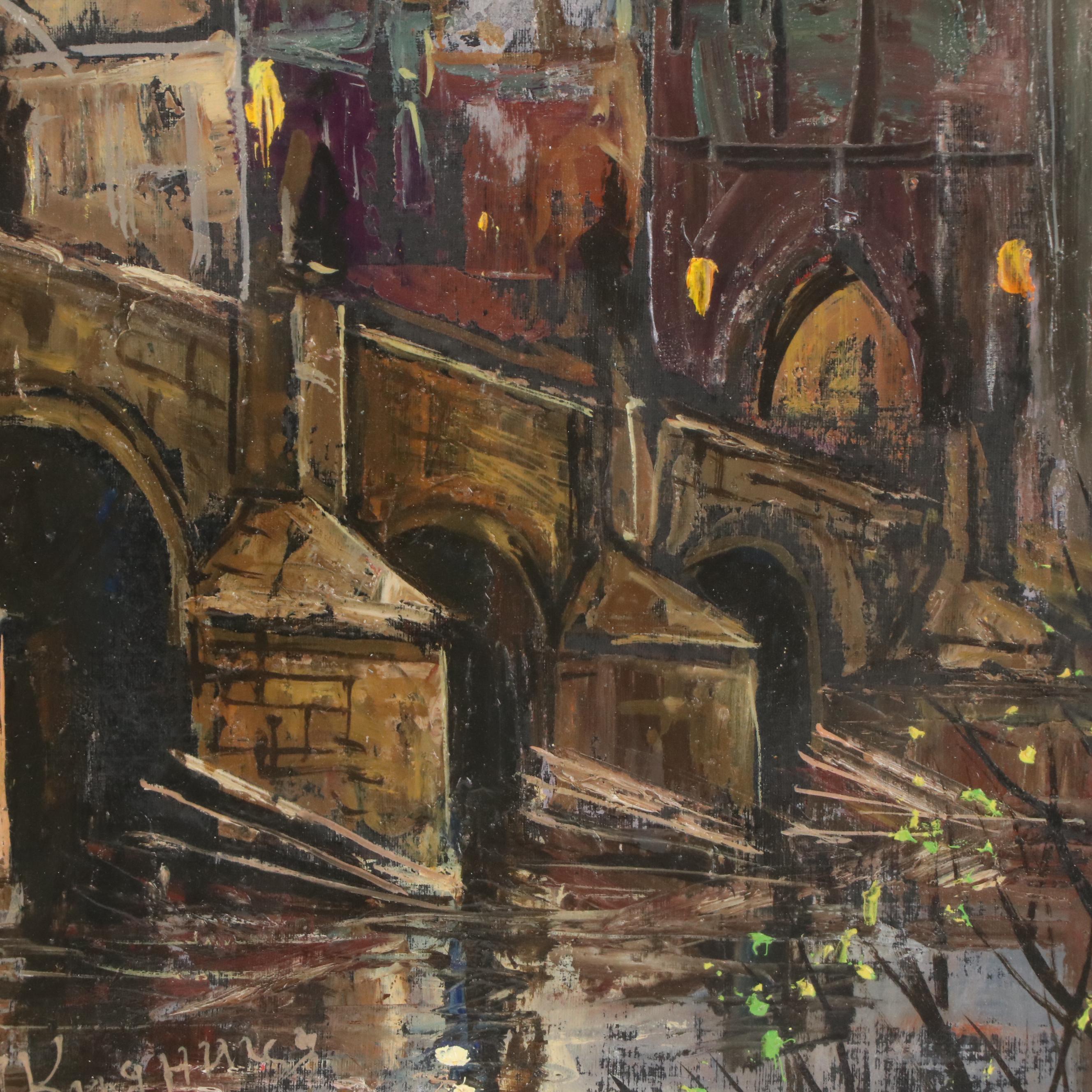 Prague Cityscape Oil Painting of Charles Bridge, 2001