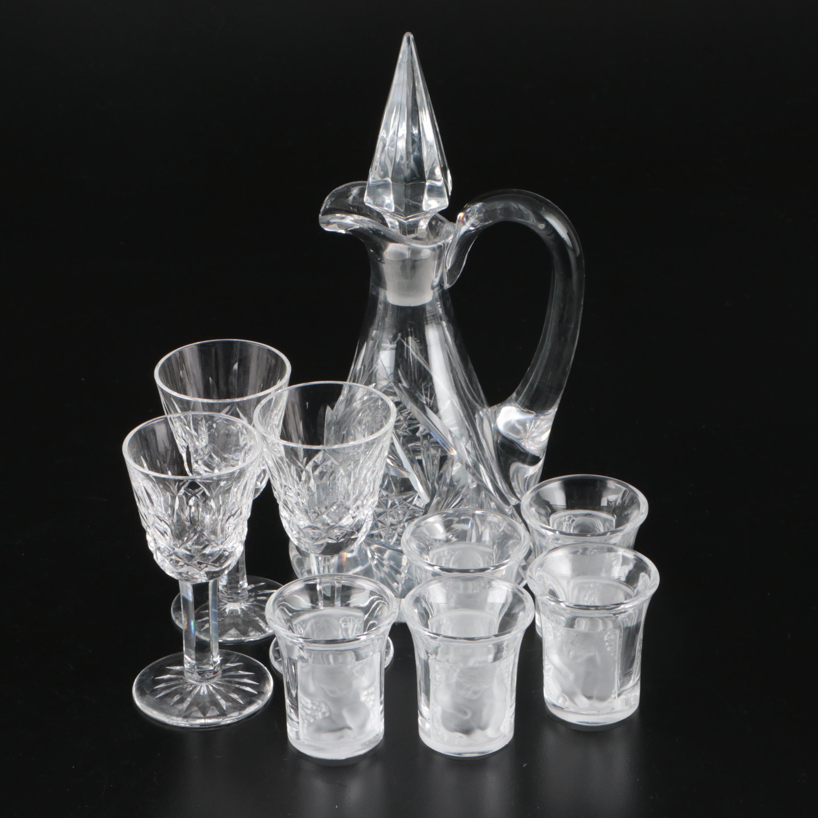Waterford "Lismore" Cordial Cups, Lalique Crystal Cups, and Crystal Decanter