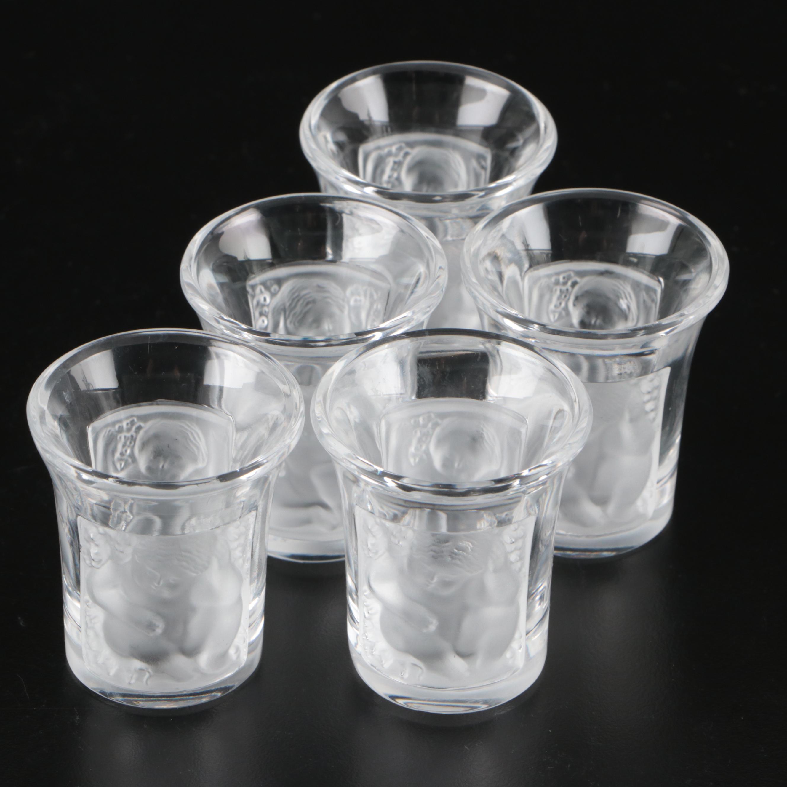 Waterford "Lismore" Cordial Cups, Lalique Crystal Cups, and Crystal Decanter