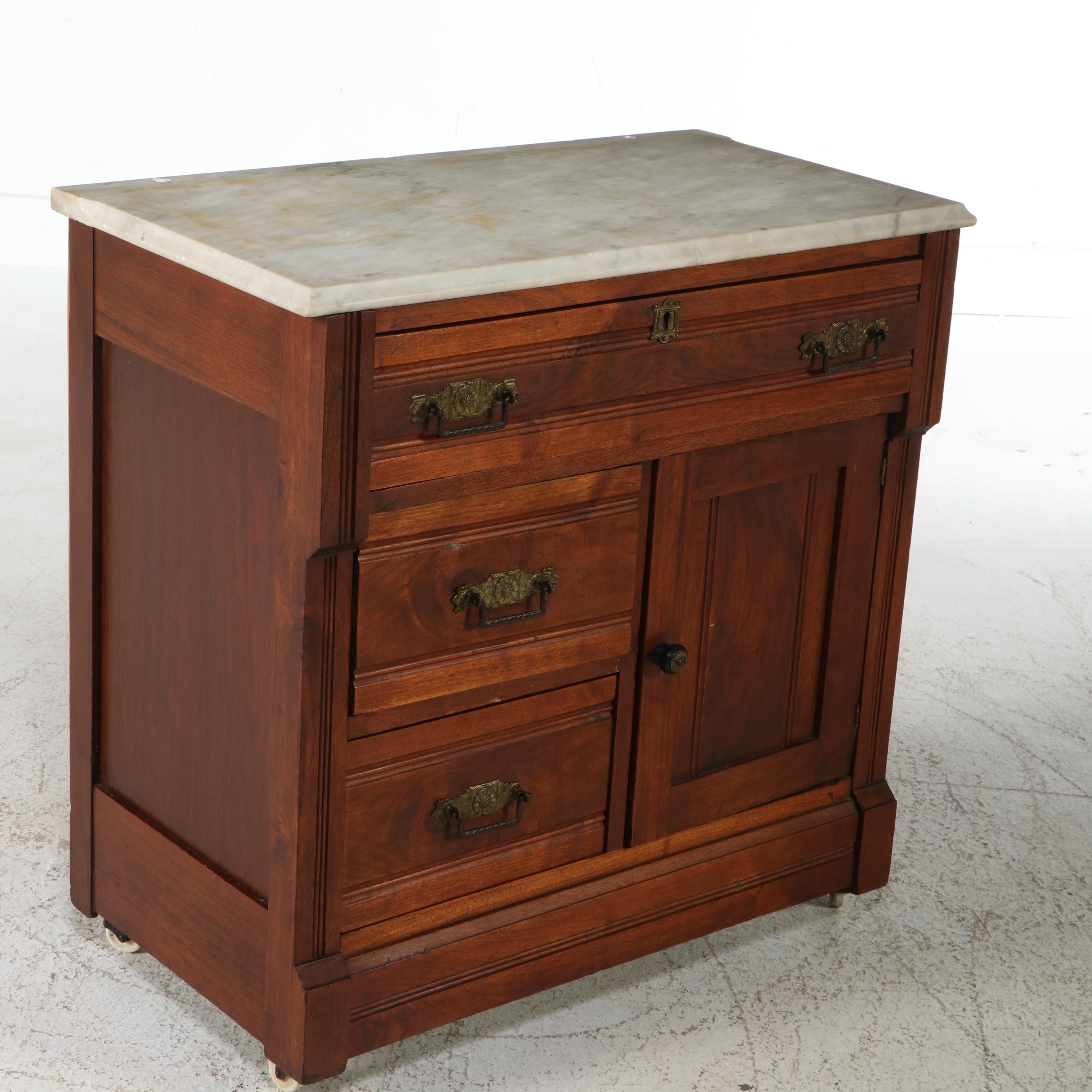 Victorian Marble Top Washstand with Haeger Ceramic Pitcher and Basin