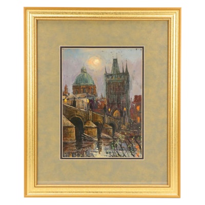 Prague Cityscape Oil Painting of Charles Bridge, 2001 Prague Cityscape Oil Painting of Charles Bridge, 2001