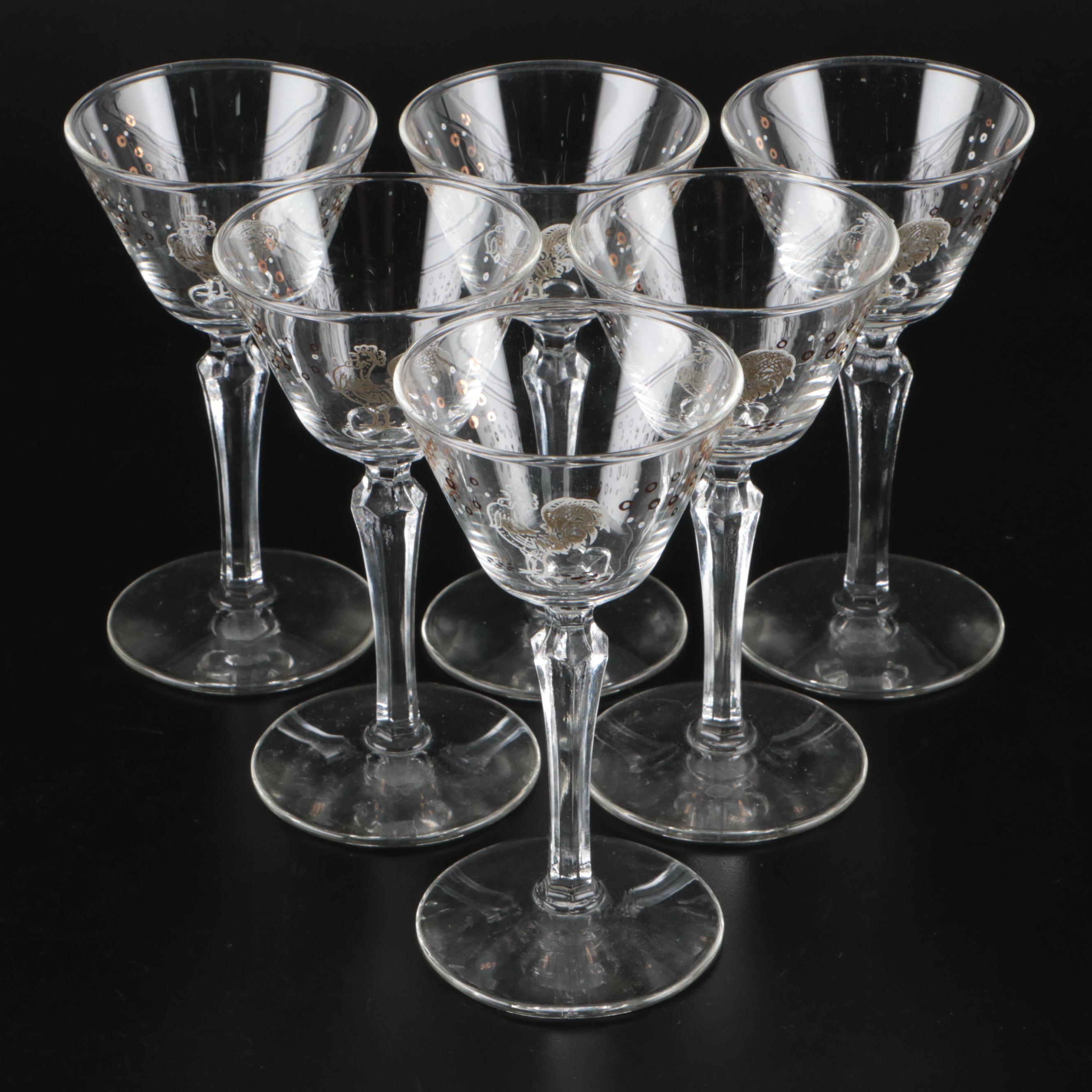 Mid Century Modern Style Glass Champagne Coups with Rooster Motif