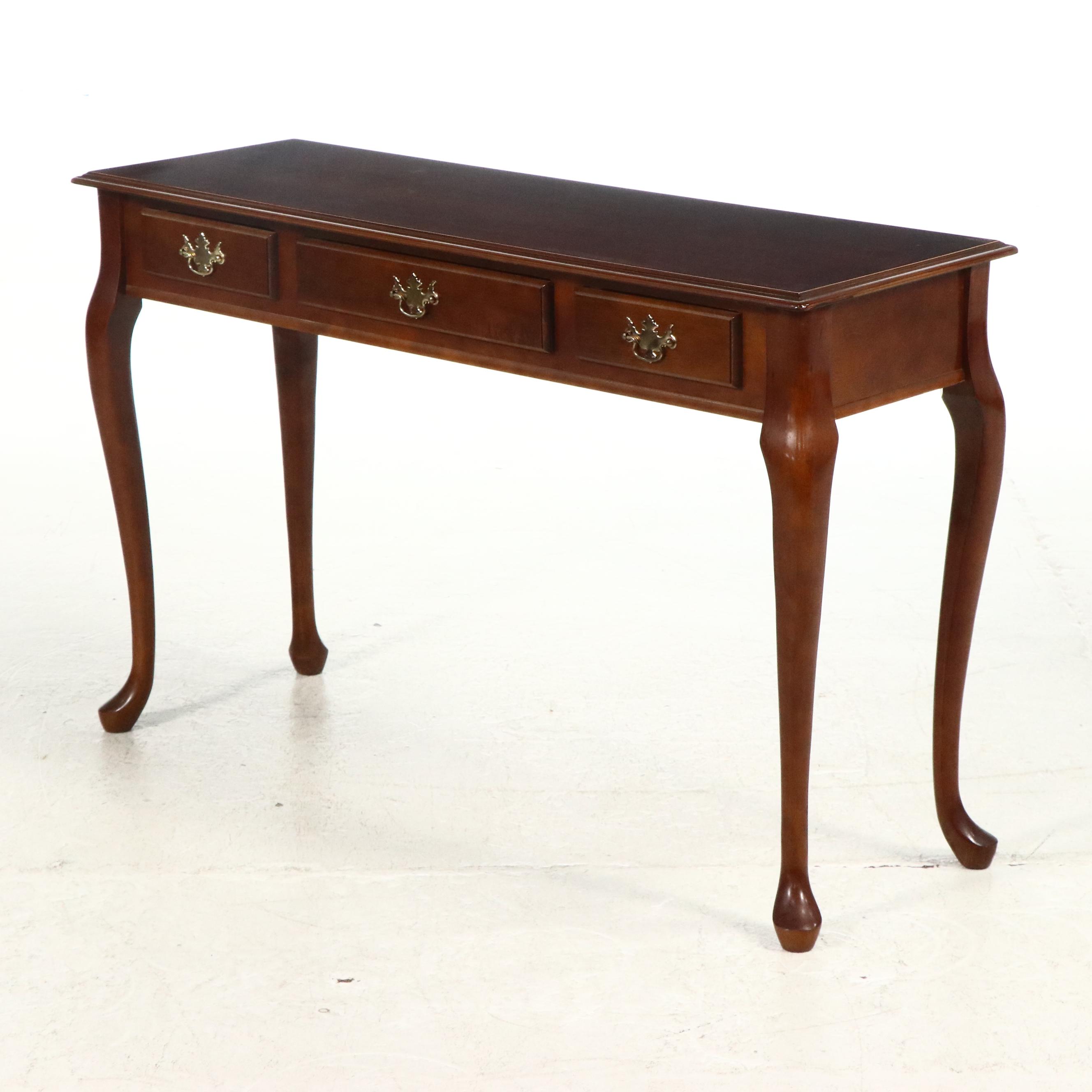 Queen Anne Style Cherrywood-Stained Three-Drawer Console Table
