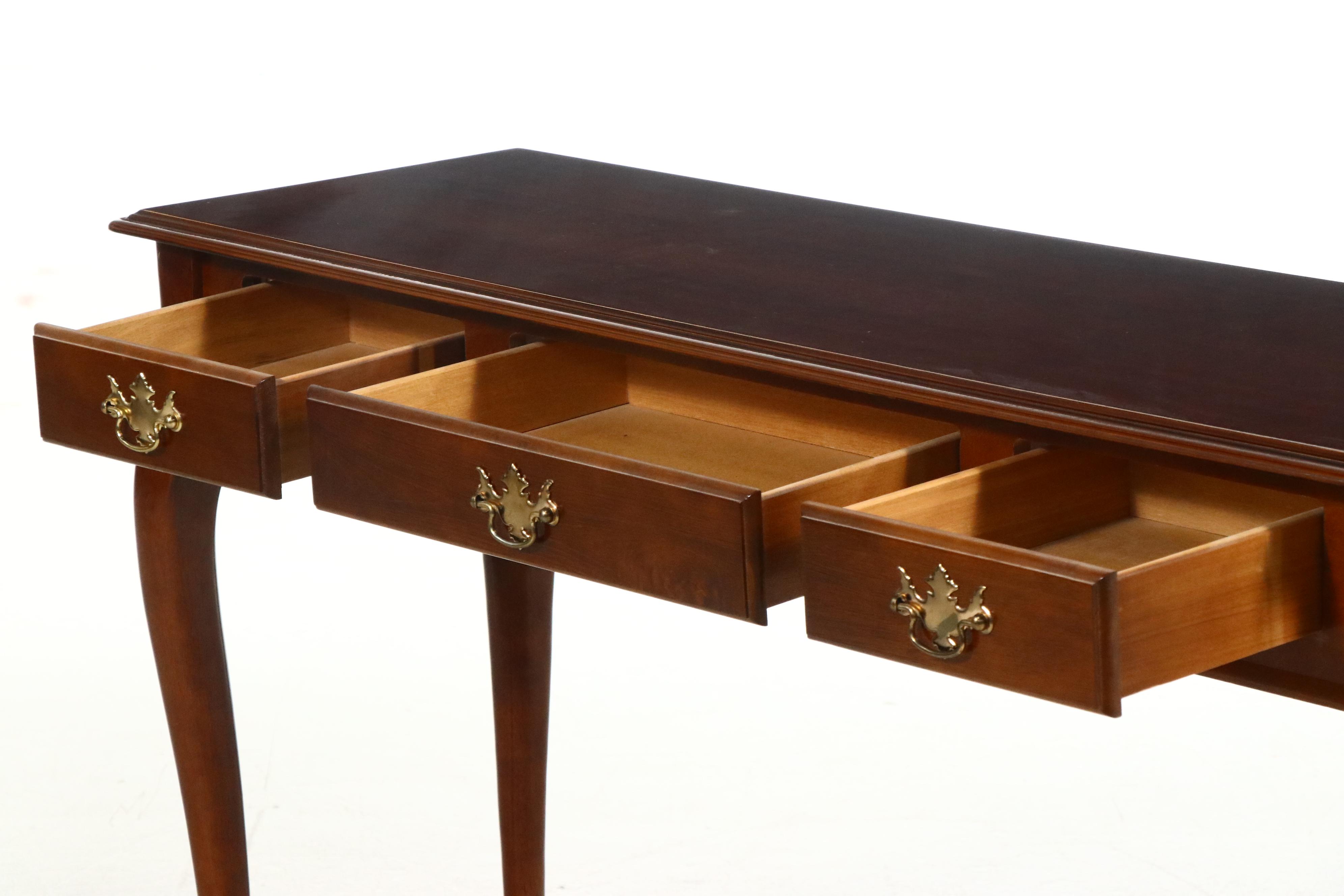 Queen Anne Style Cherrywood-Stained Three-Drawer Console Table