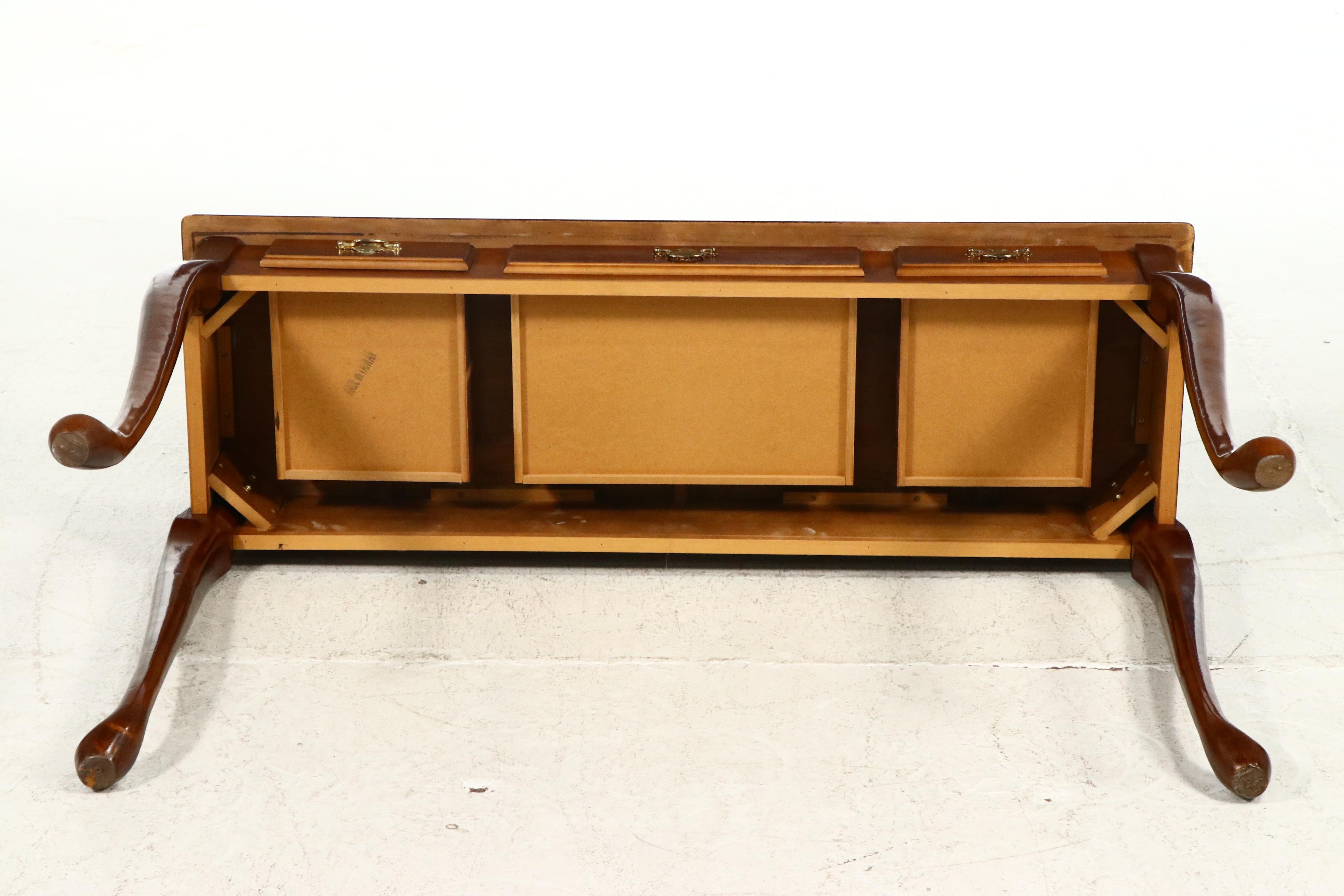 Queen Anne Style Cherrywood-Stained Three-Drawer Console Table