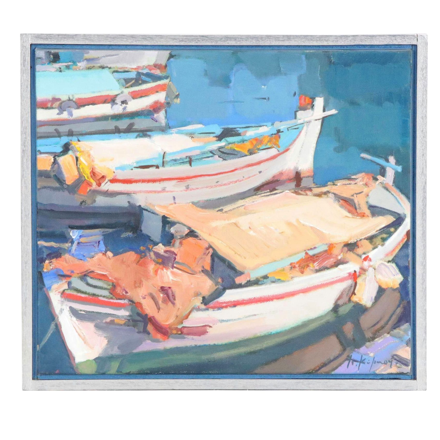 Gestural Oil Painting of Small Boats, Circa 2000
