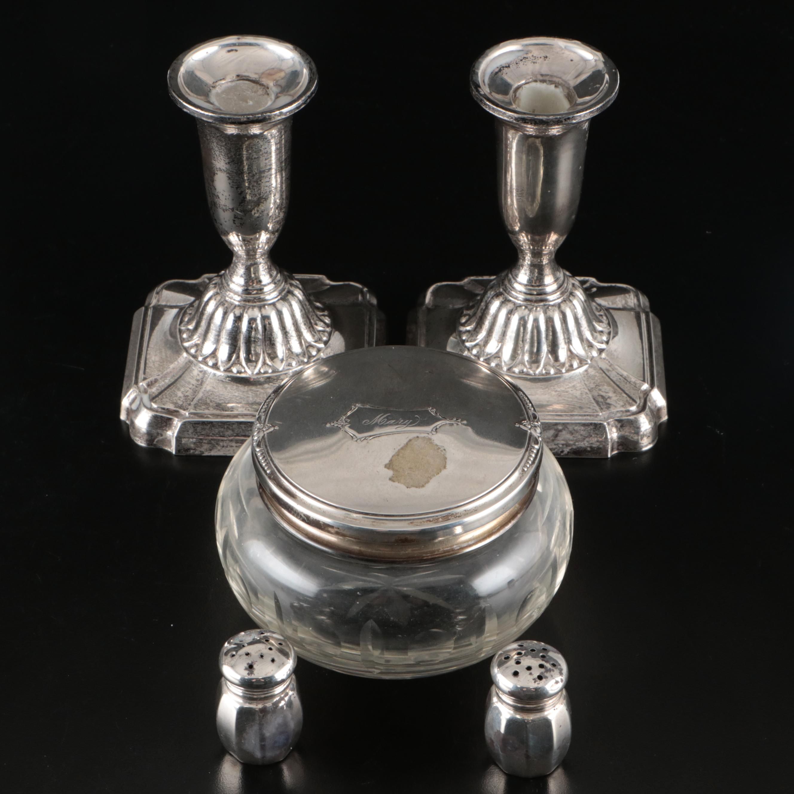 Towle Sterling Candle Holders, Empire Sterling Shakers, and Sterling Vanity Jar
