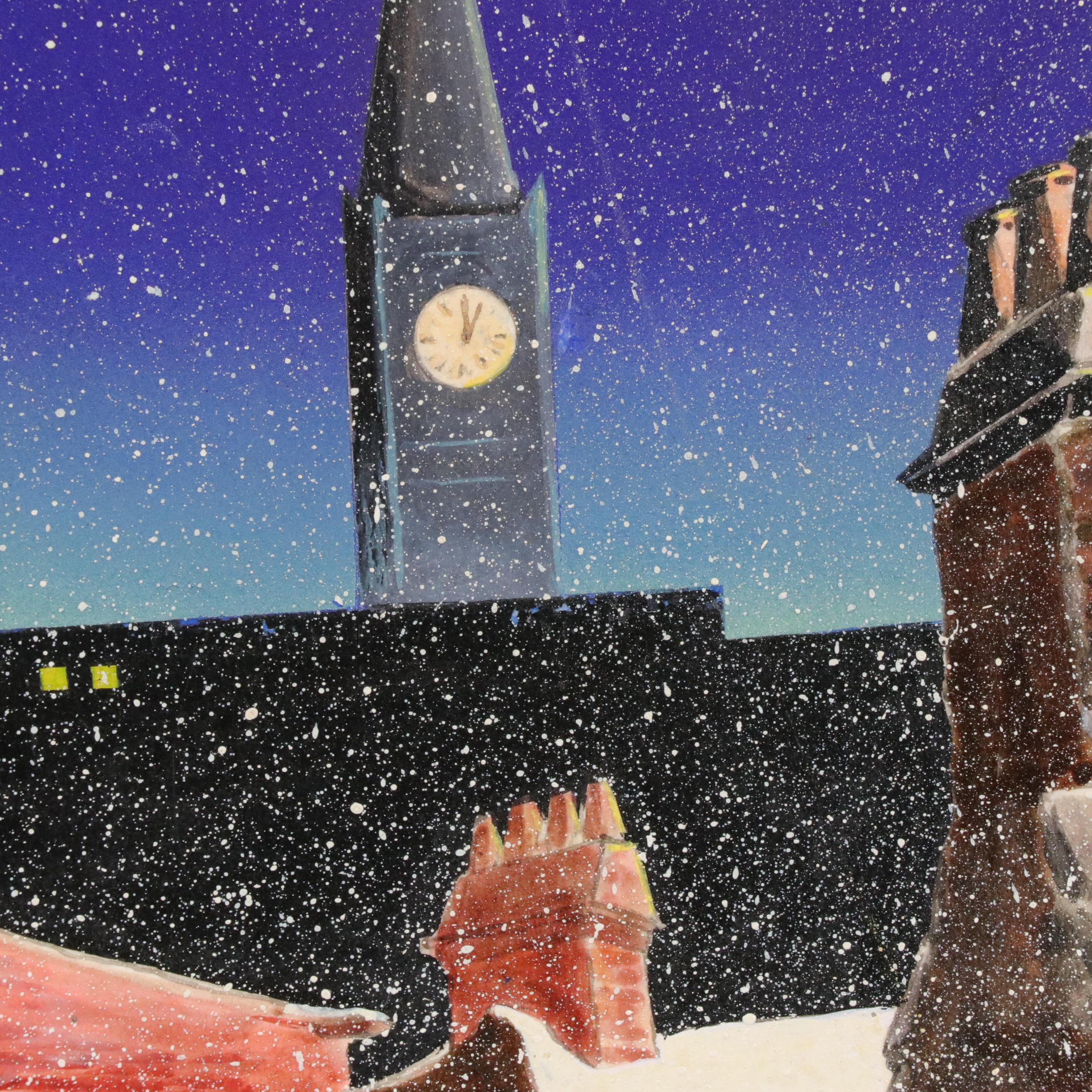 Don Dougherty Cityscape Illustration With Starry Night Sky, Mid-20th Century