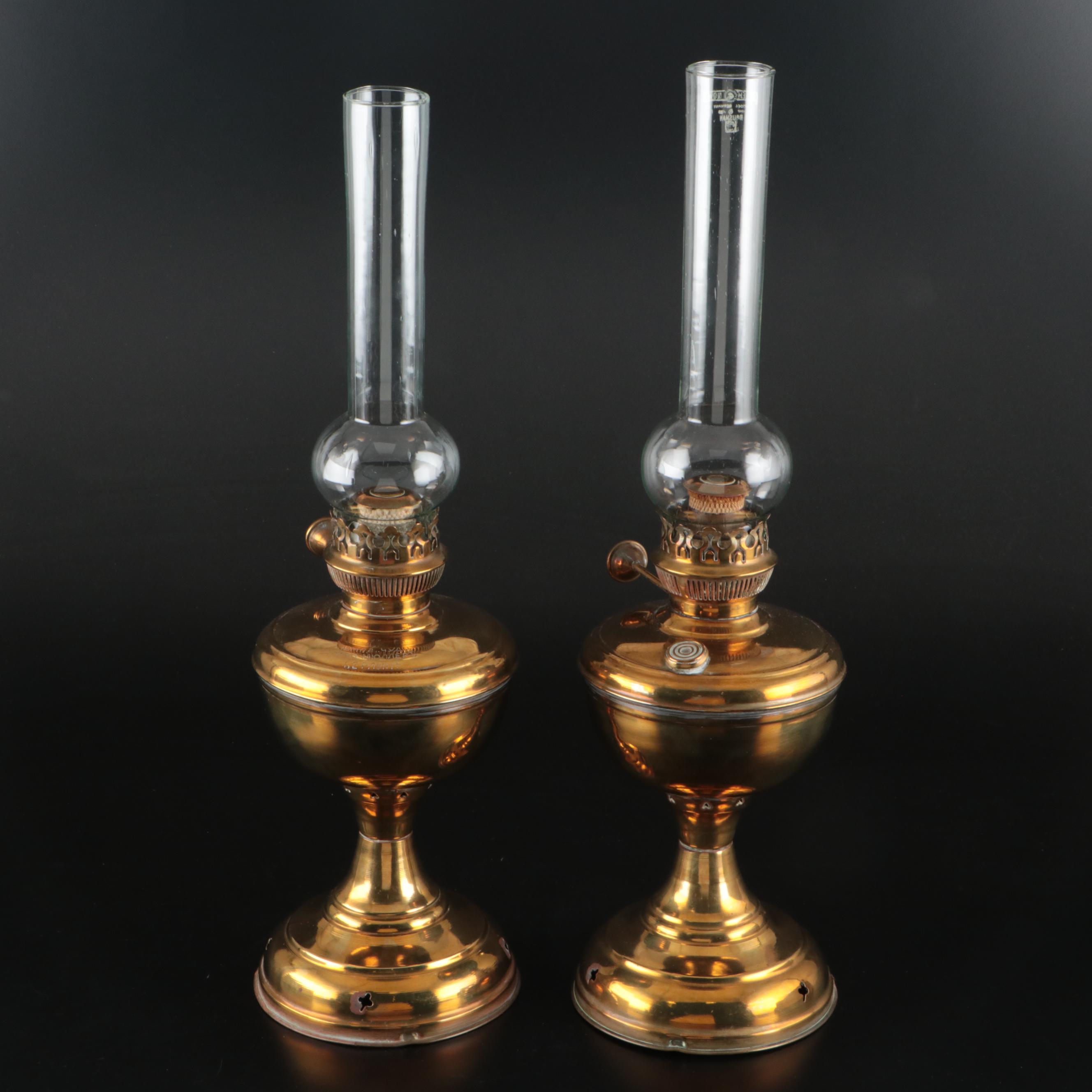 Otto Müller "Miracle-Light" Brass Oil Lamps with Glass Hurricanes, 19th Century