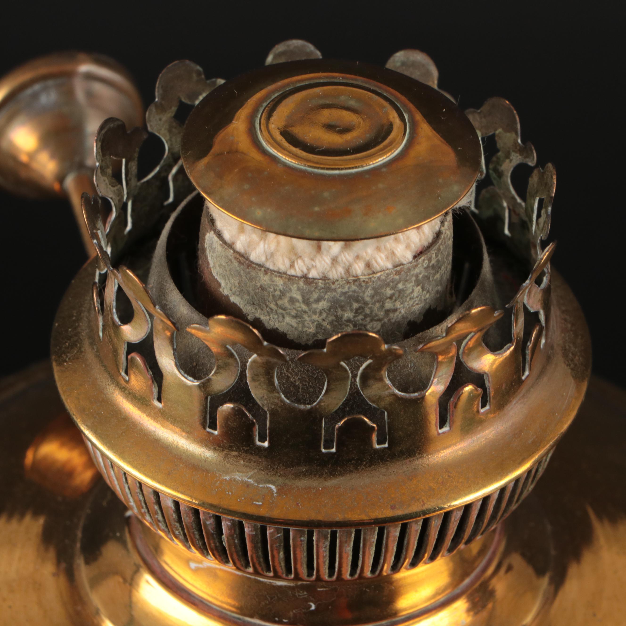 Otto Müller "Miracle-Light" Brass Oil Lamps with Glass Hurricanes, 19th Century