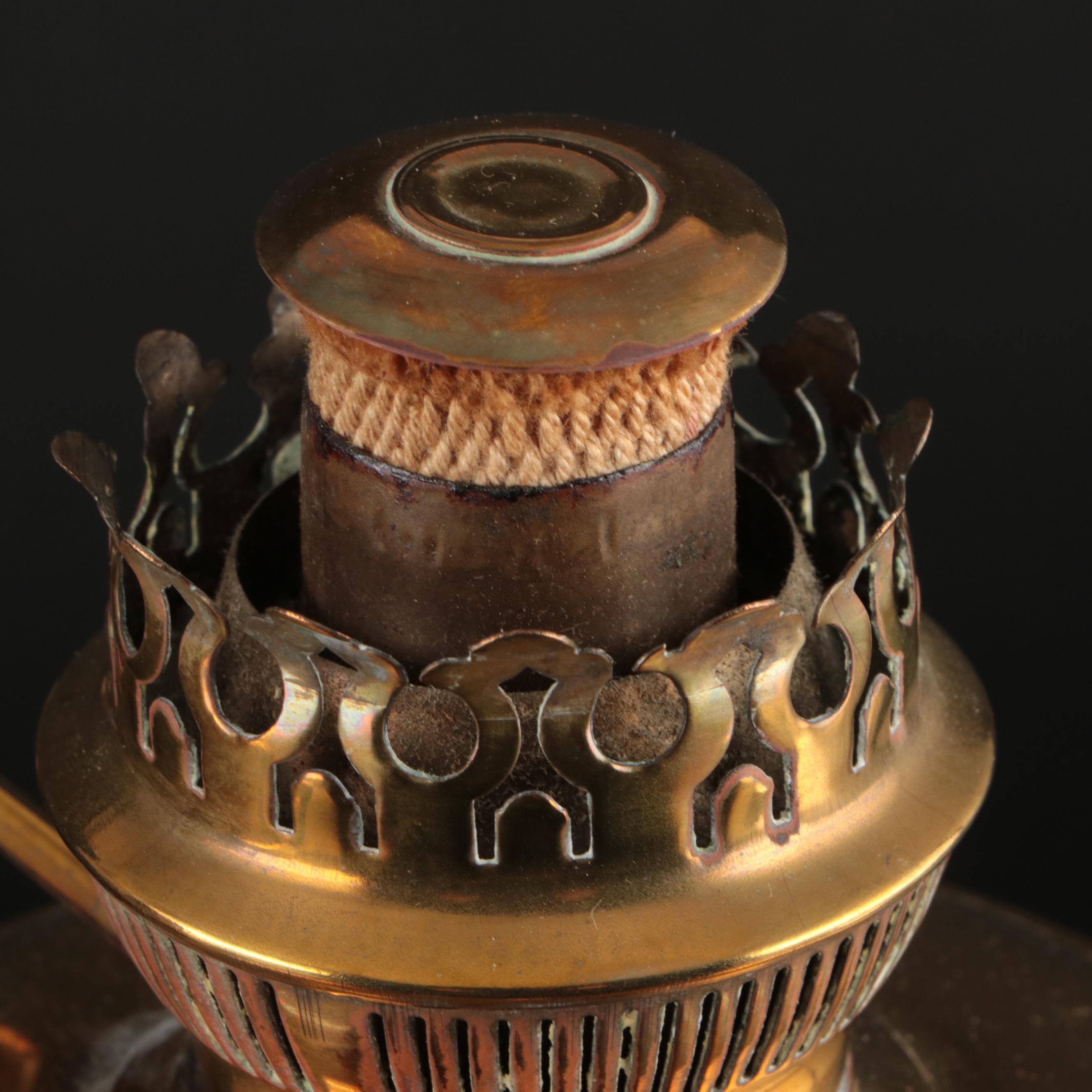 Otto Müller "Miracle-Light" Brass Oil Lamps with Glass Hurricanes, 19th Century