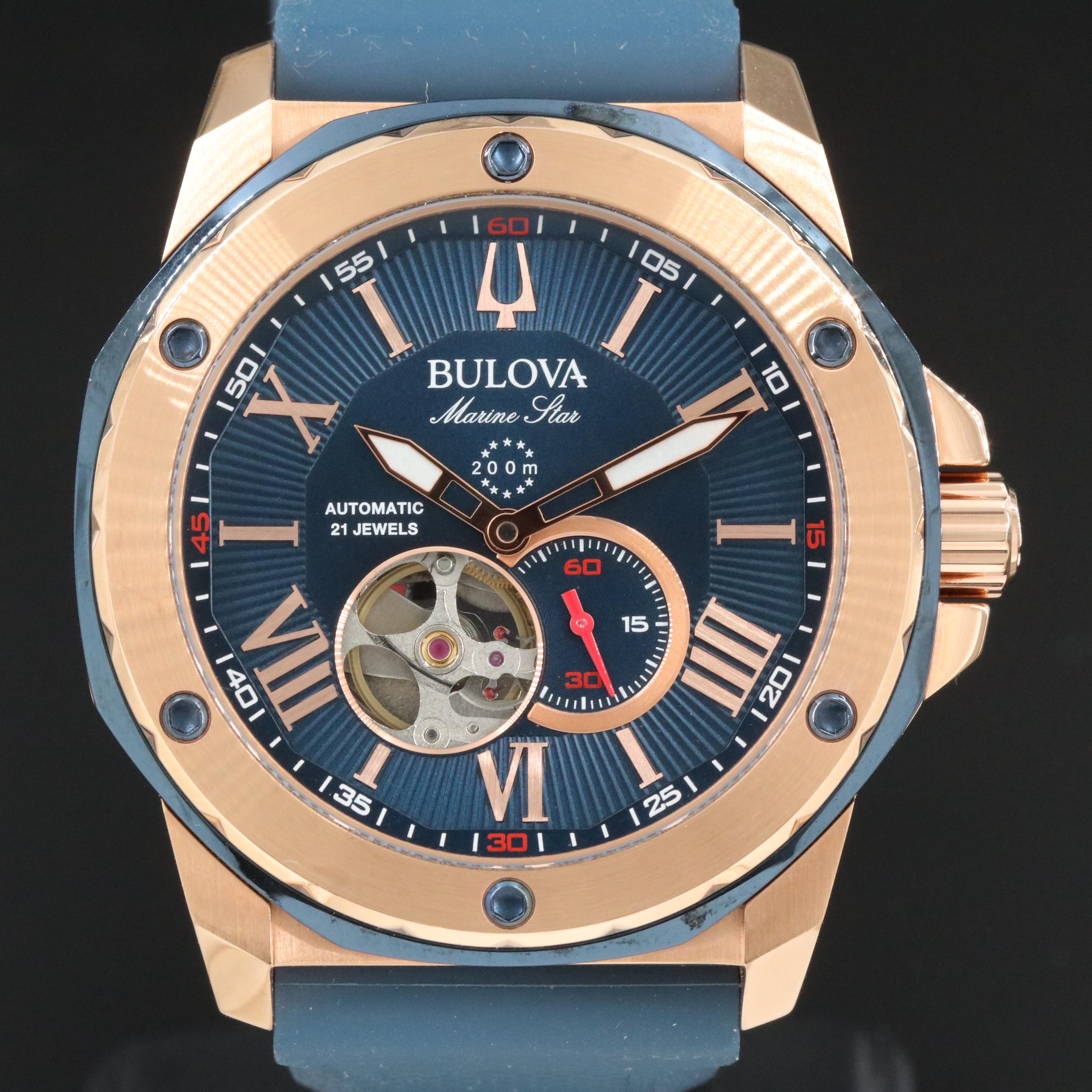 Bulova Marine Star 98A227 Blue 44mm Rose Gold Tone Steel Automatic Watch