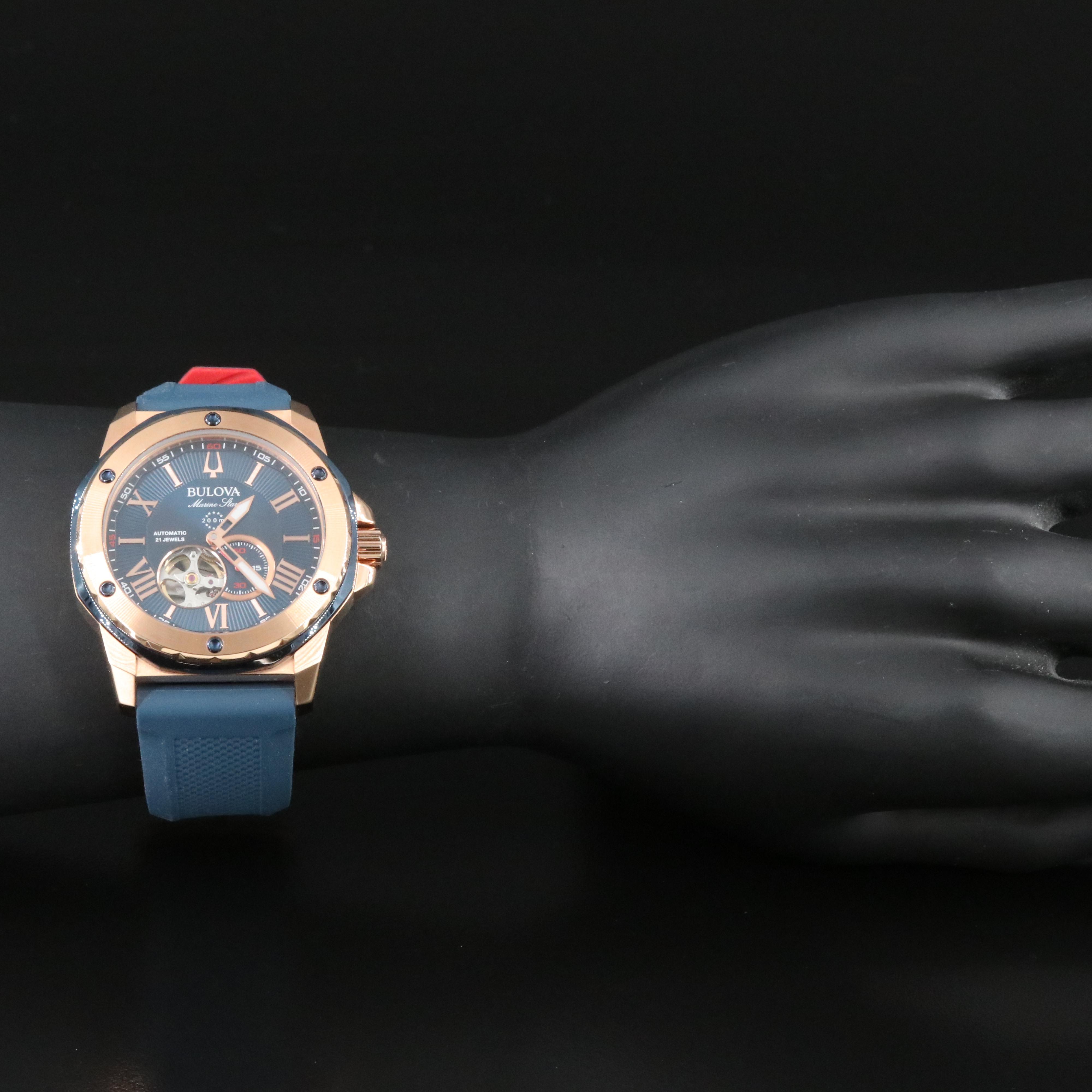 Bulova Marine Star 98A227 Blue 44mm Rose Gold Tone Steel Automatic Watch