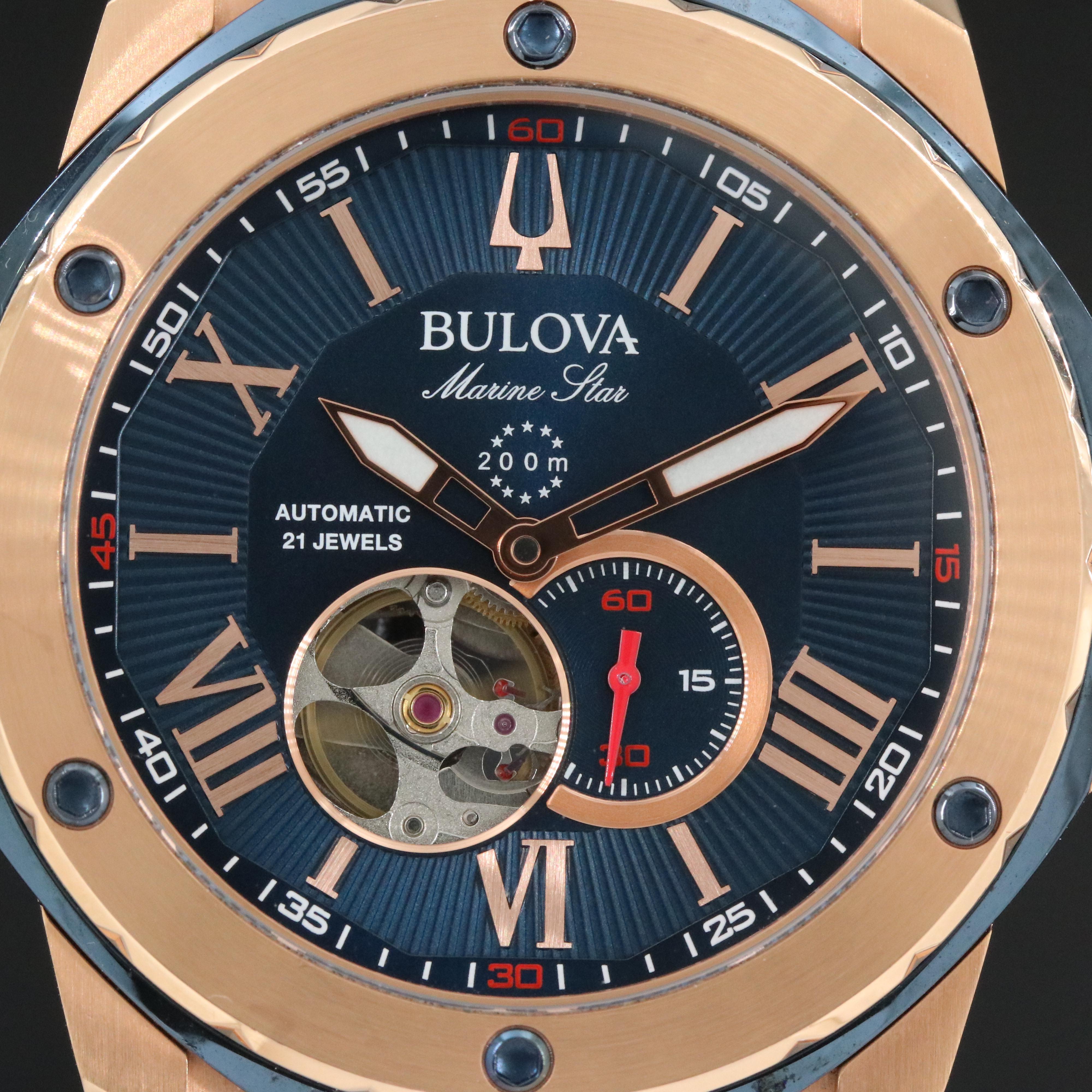 Bulova Marine Star 98A227 Blue 44mm Rose Gold Tone Steel Automatic Watch