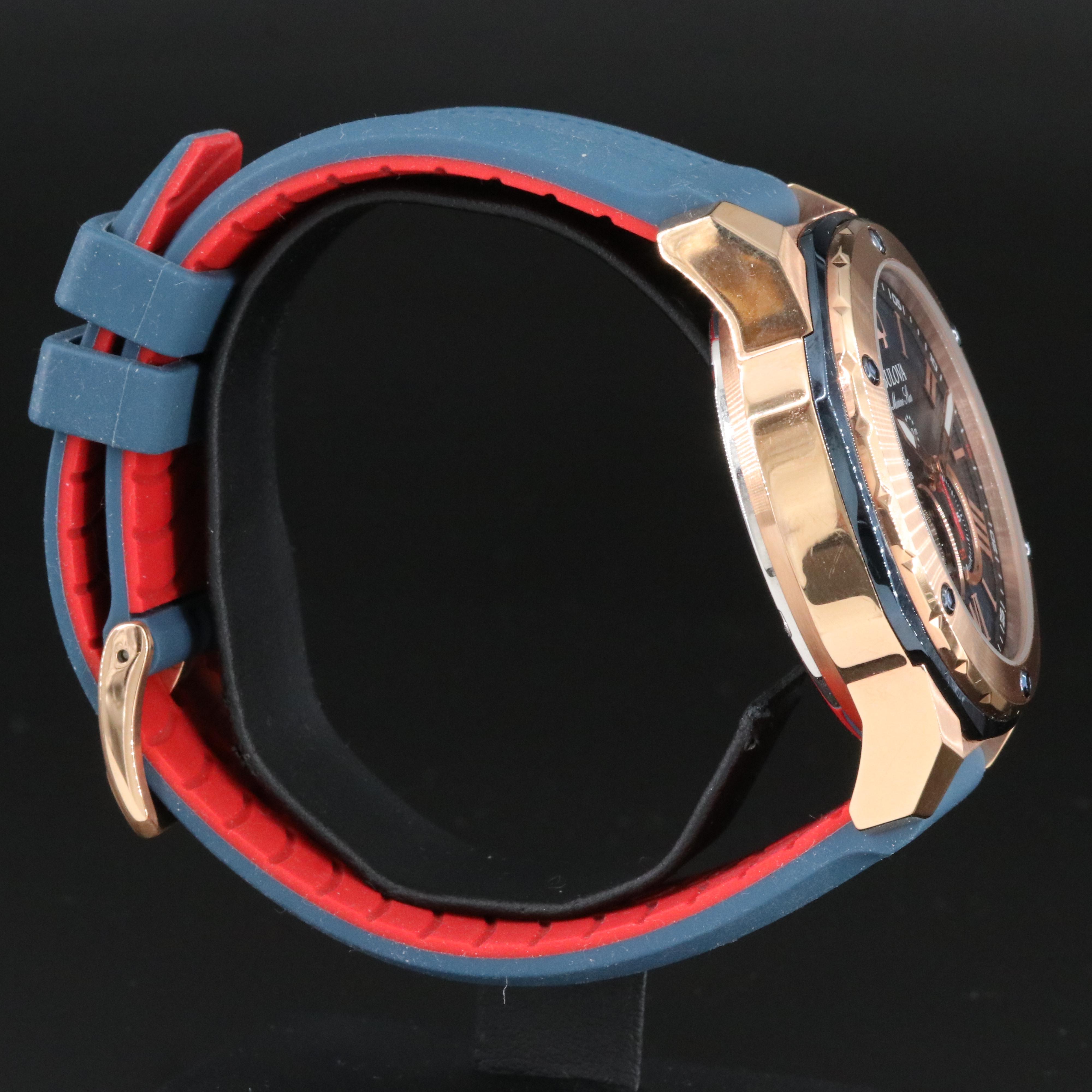 Bulova Marine Star 98A227 Blue 44mm Rose Gold Tone Steel Automatic Watch