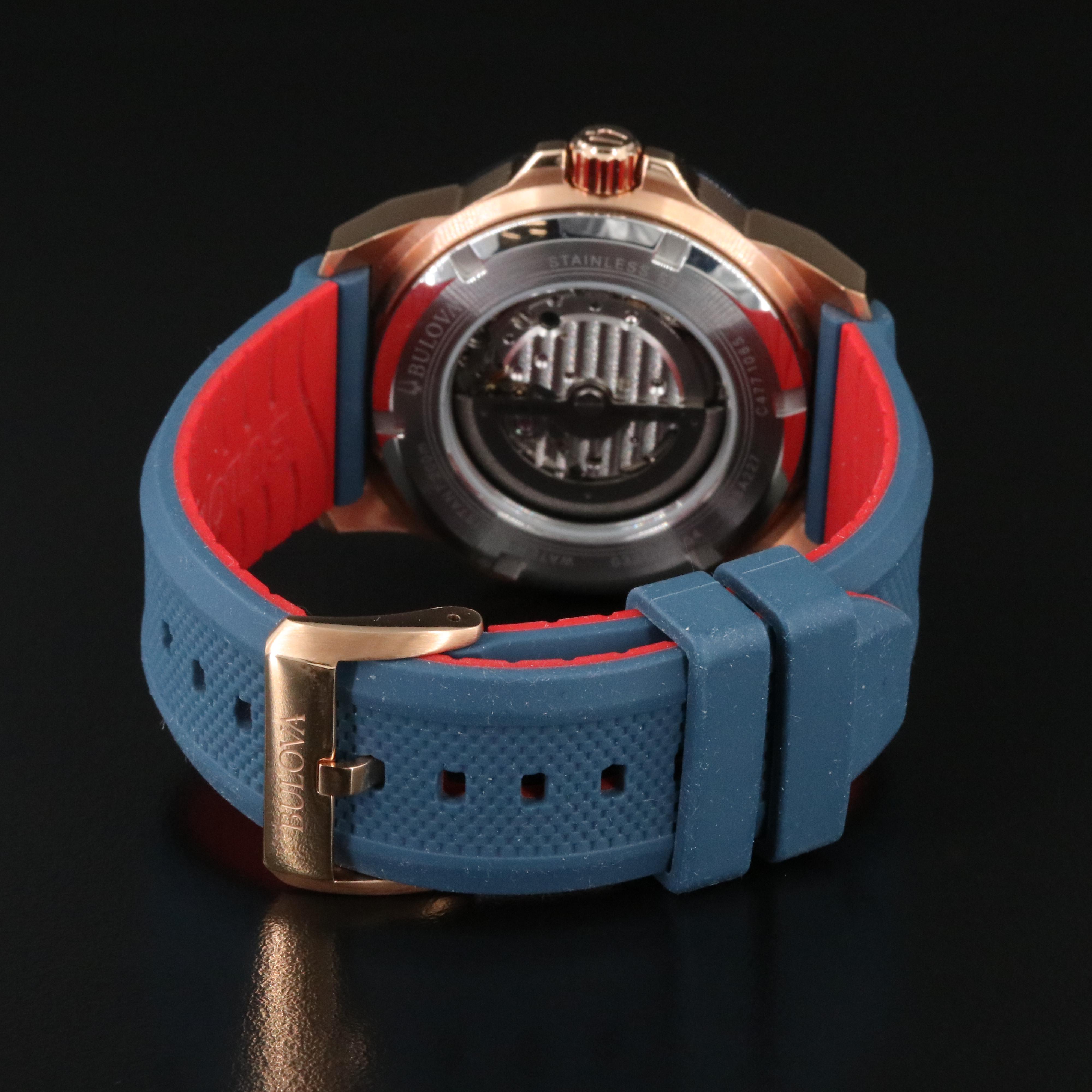 Bulova Marine Star 98A227 Blue 44mm Rose Gold Tone Steel Automatic Watch