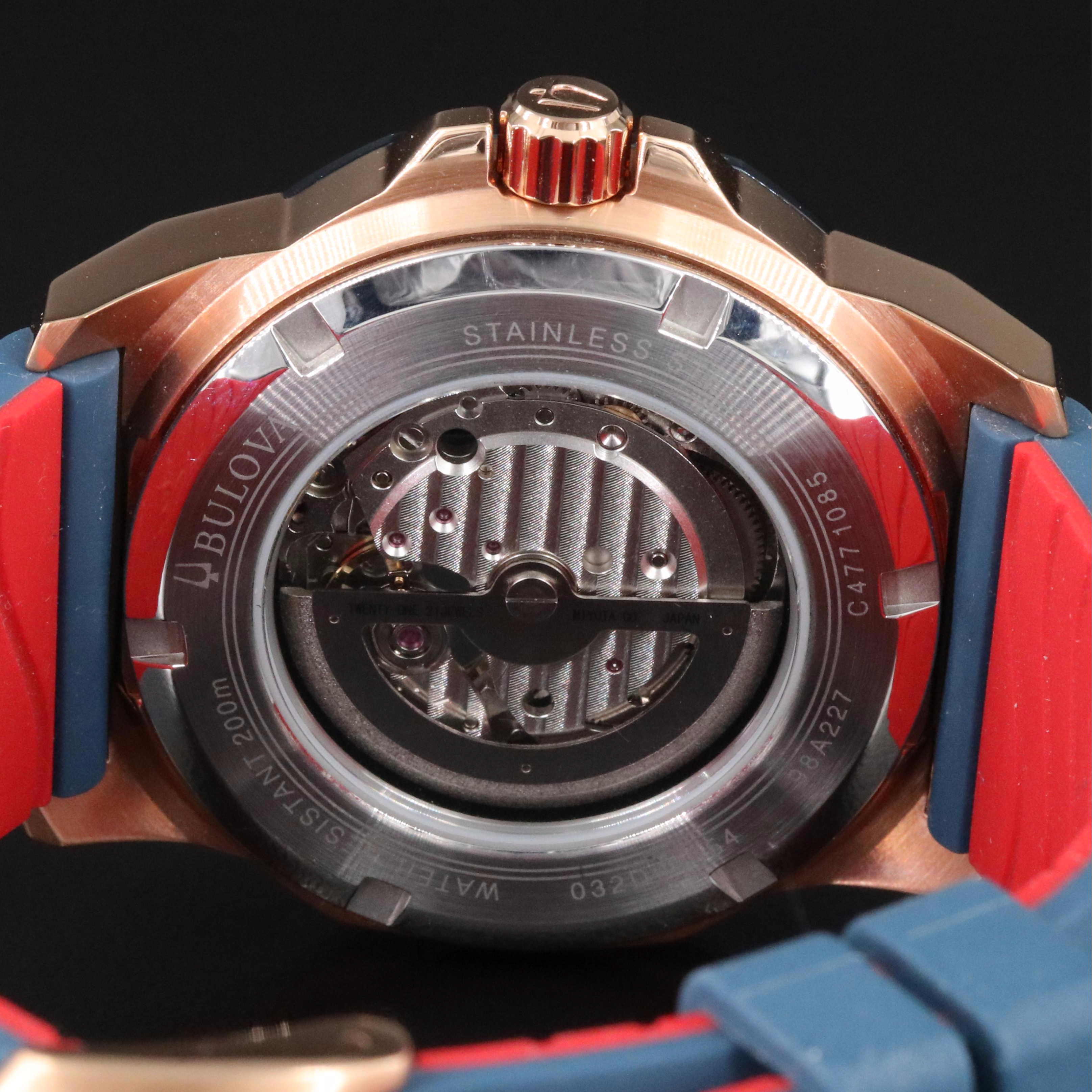 Bulova Marine Star 98A227 Blue 44mm Rose Gold Tone Steel Automatic Watch