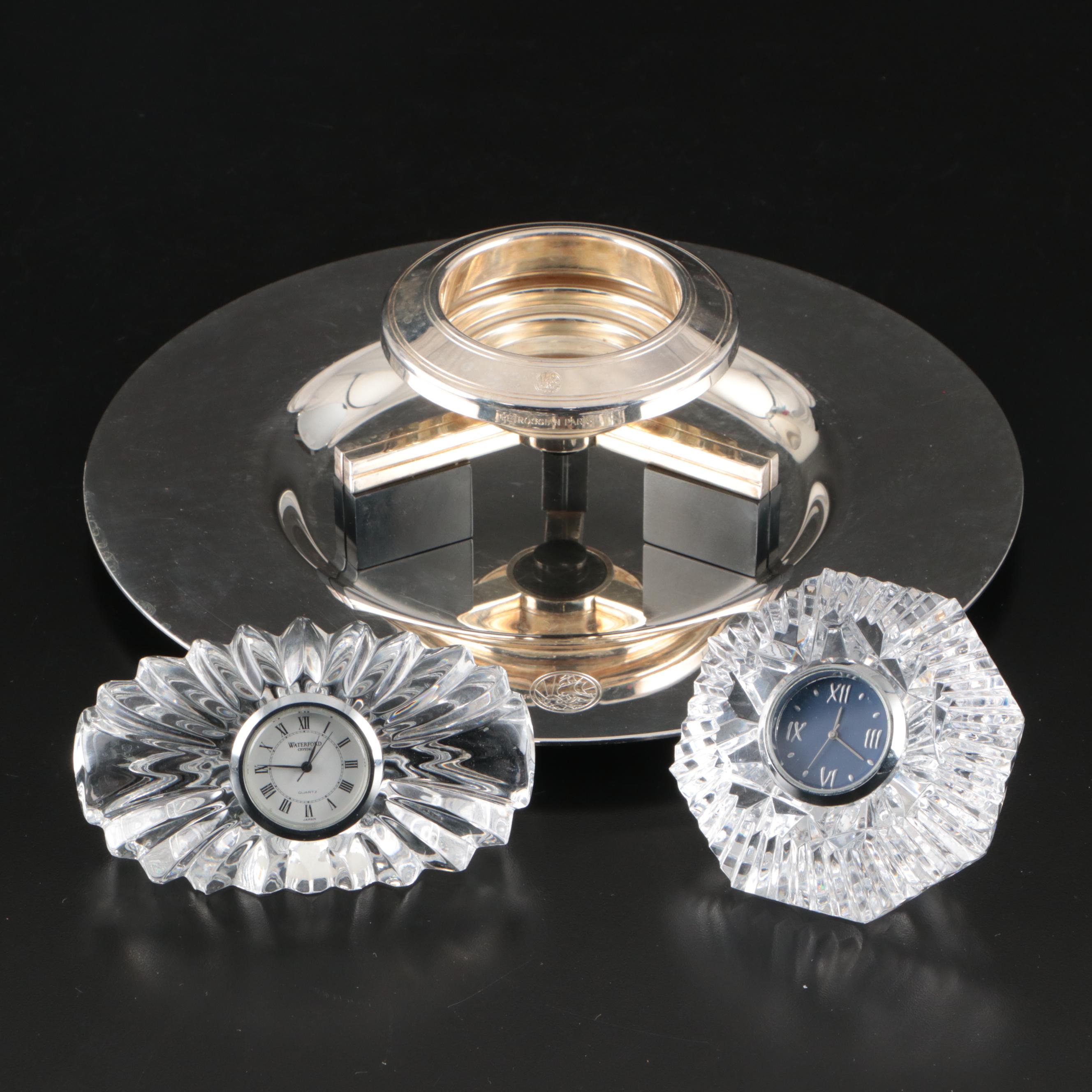 Petrossian Silver Plated Platter and Caviar Server with Waterford Desk Clocks