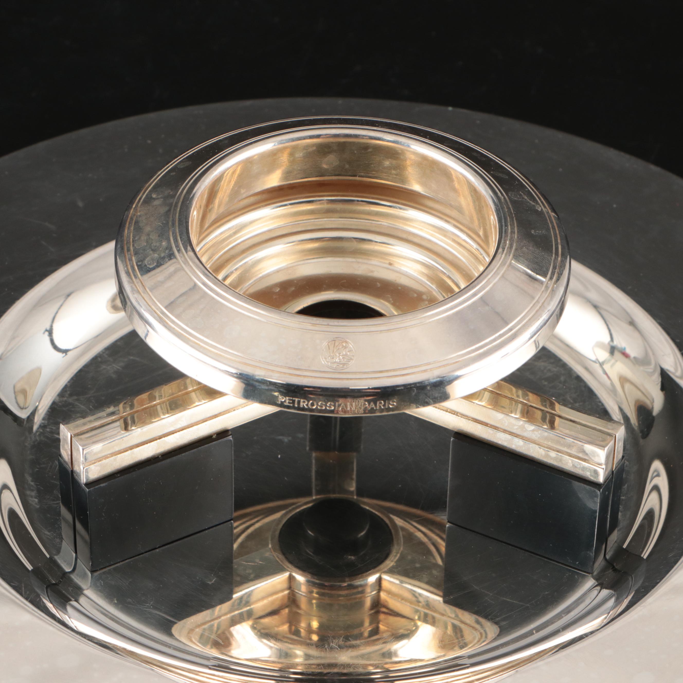 Petrossian Silver Plated Platter and Caviar Server with Waterford Desk Clocks