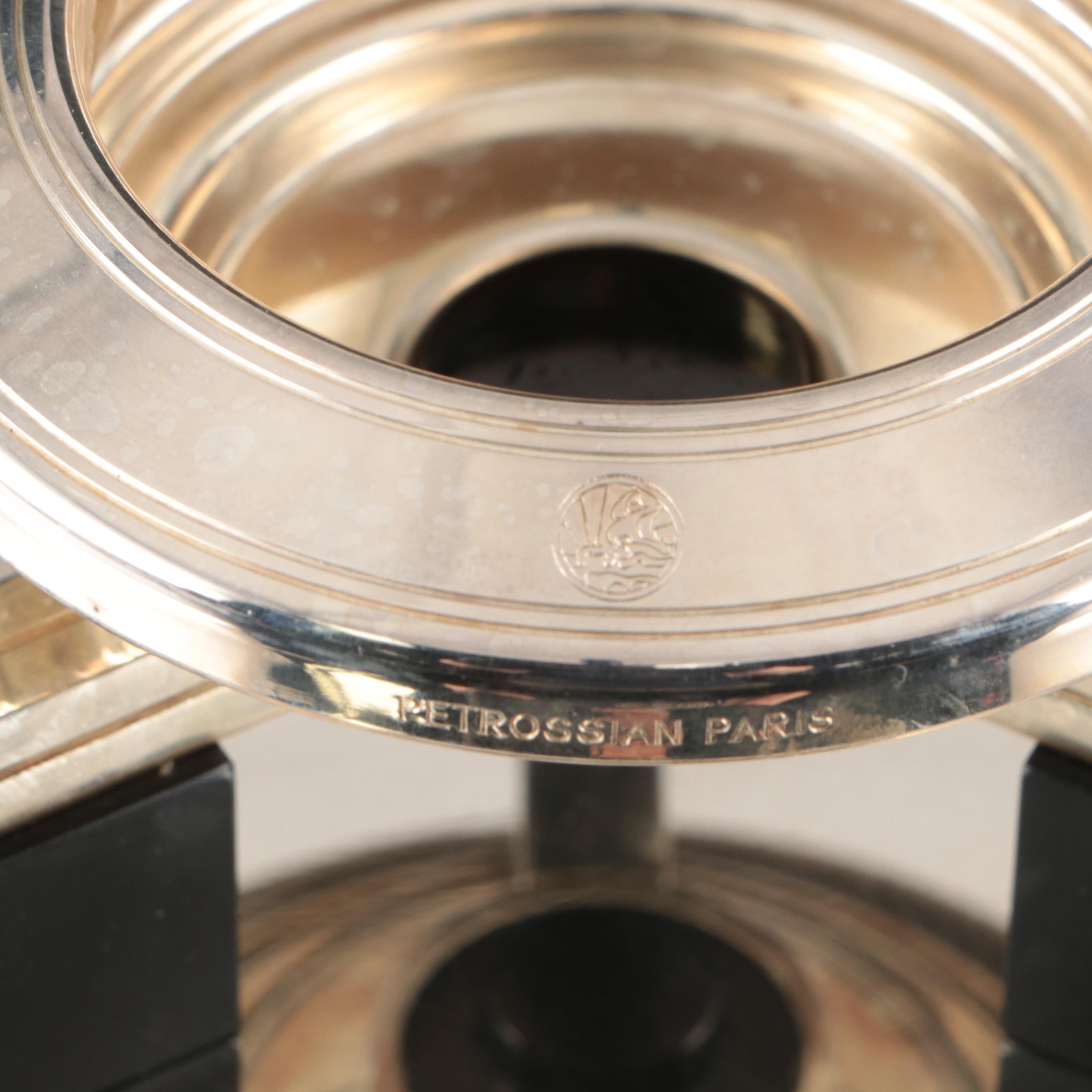 Petrossian Silver Plated Platter and Caviar Server with Waterford Desk Clocks