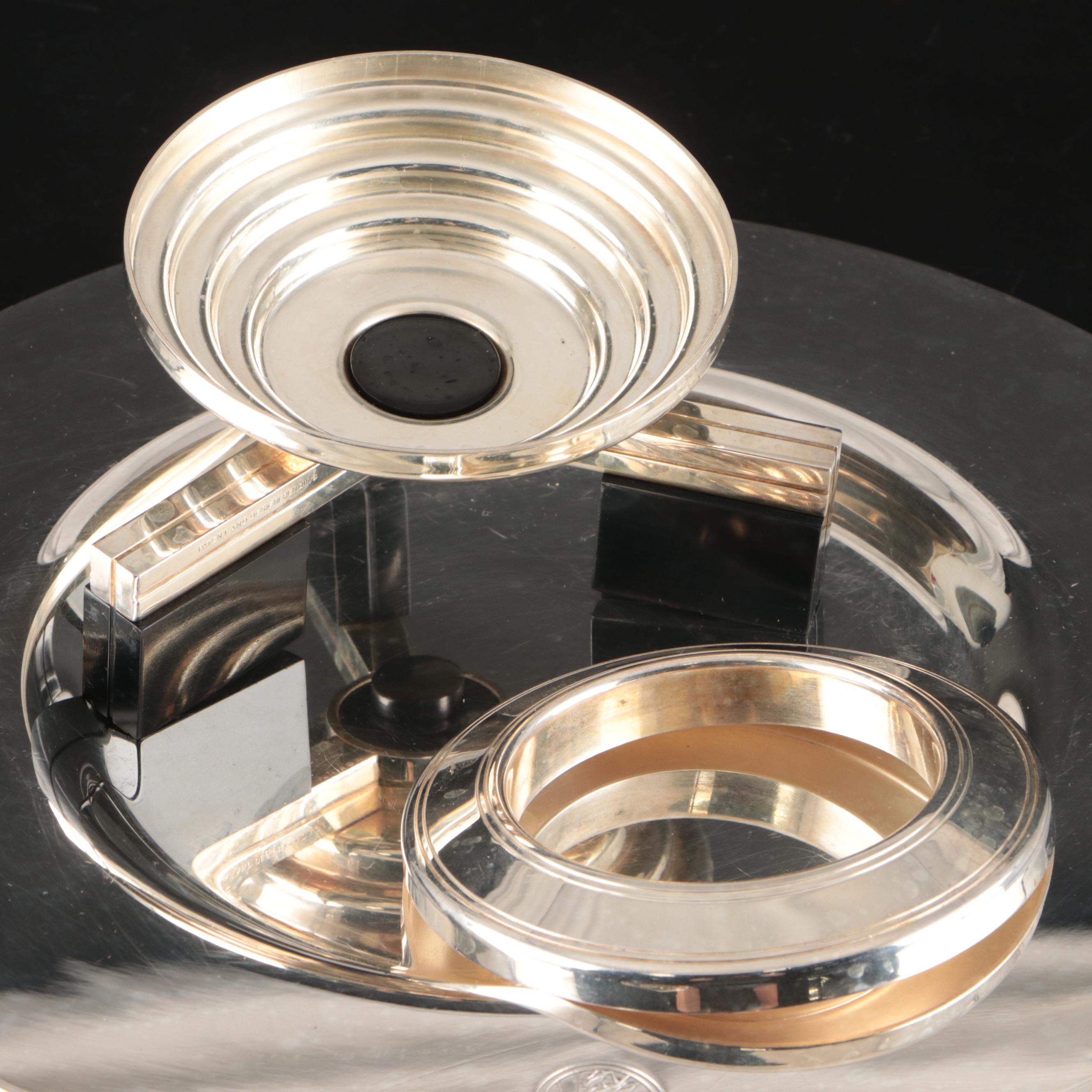 Petrossian Silver Plated Platter and Caviar Server with Waterford Desk Clocks