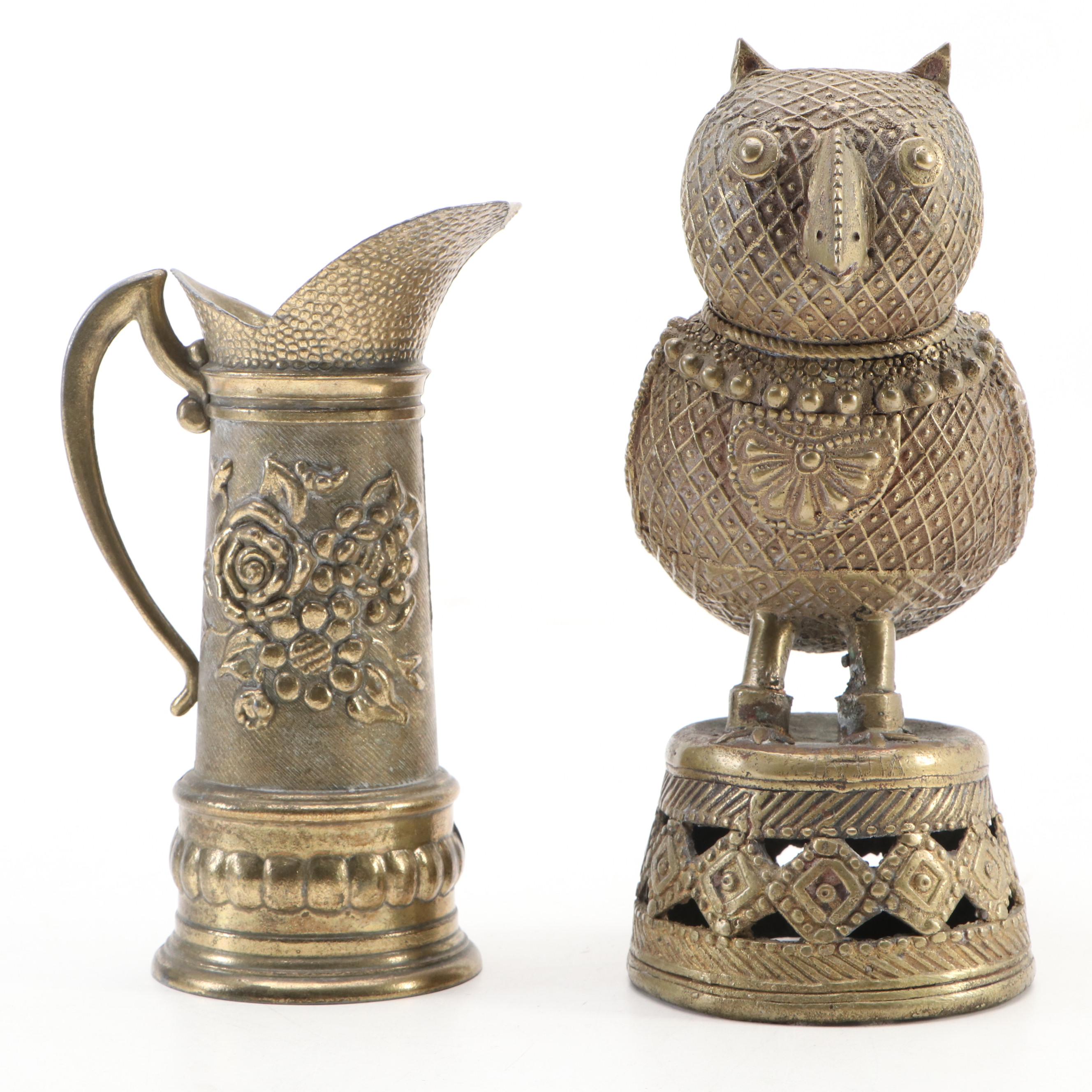 Brass Bud Vases with Embossed Pitcher and Dhokra Owl Figure