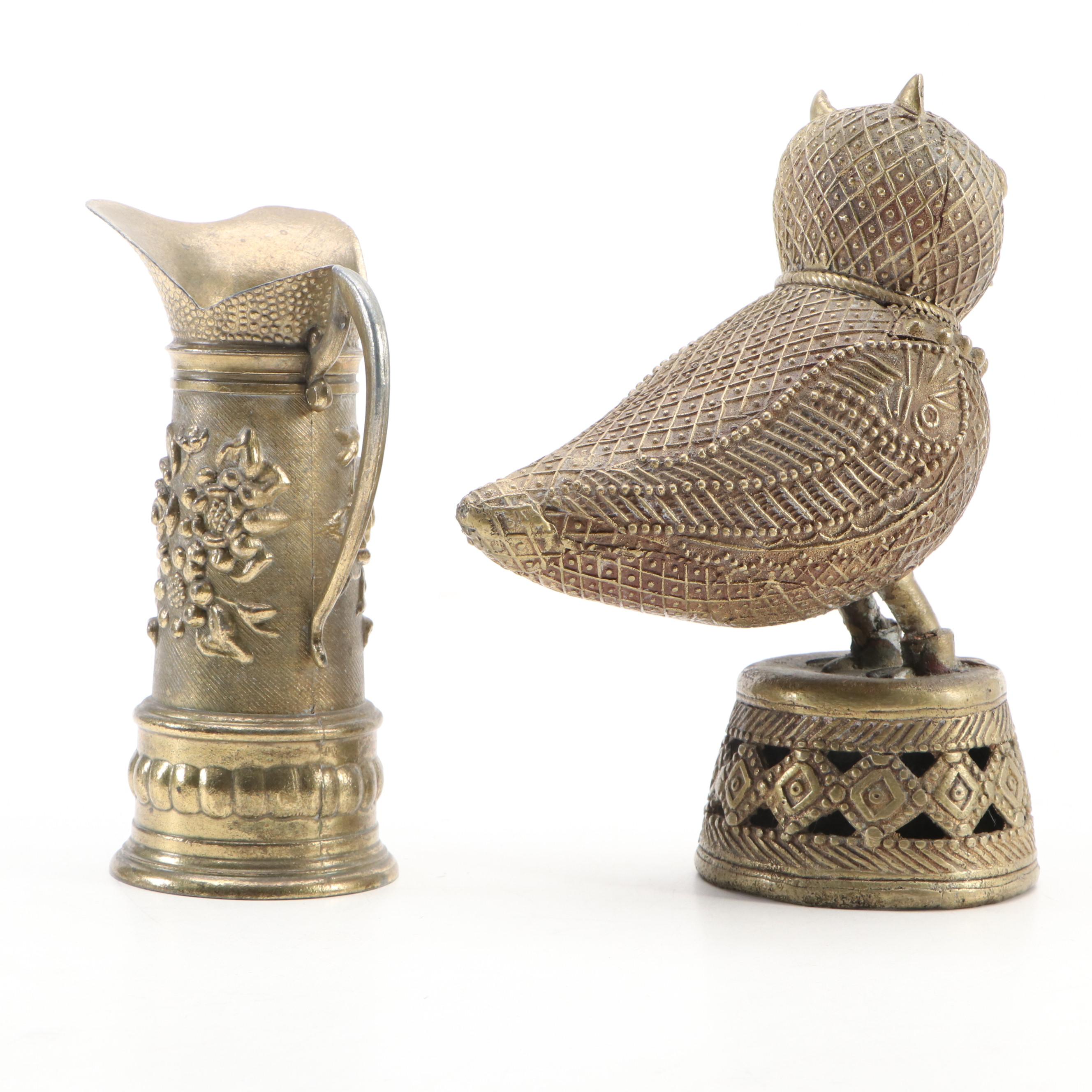 Brass Bud Vases with Embossed Pitcher and Dhokra Owl Figure