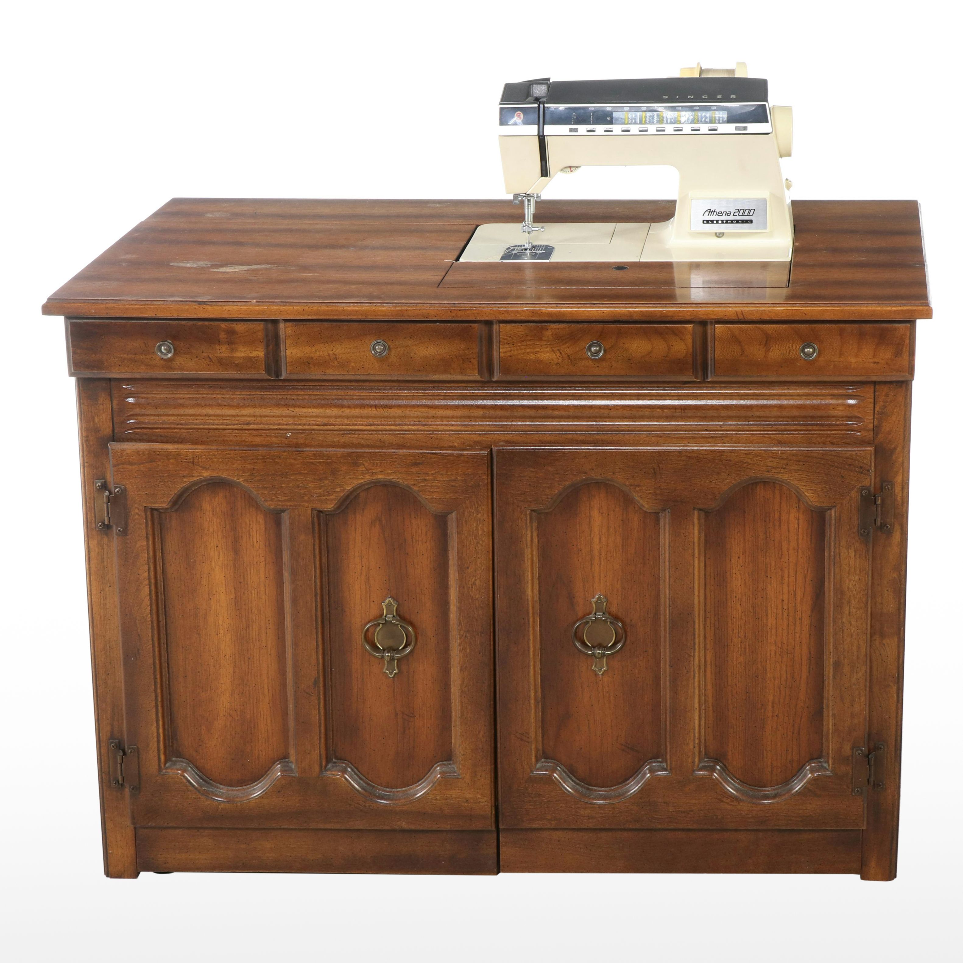 Singer Athena 2000 Electronic Sewing Machine in Colonial Style Walnut Cabinet