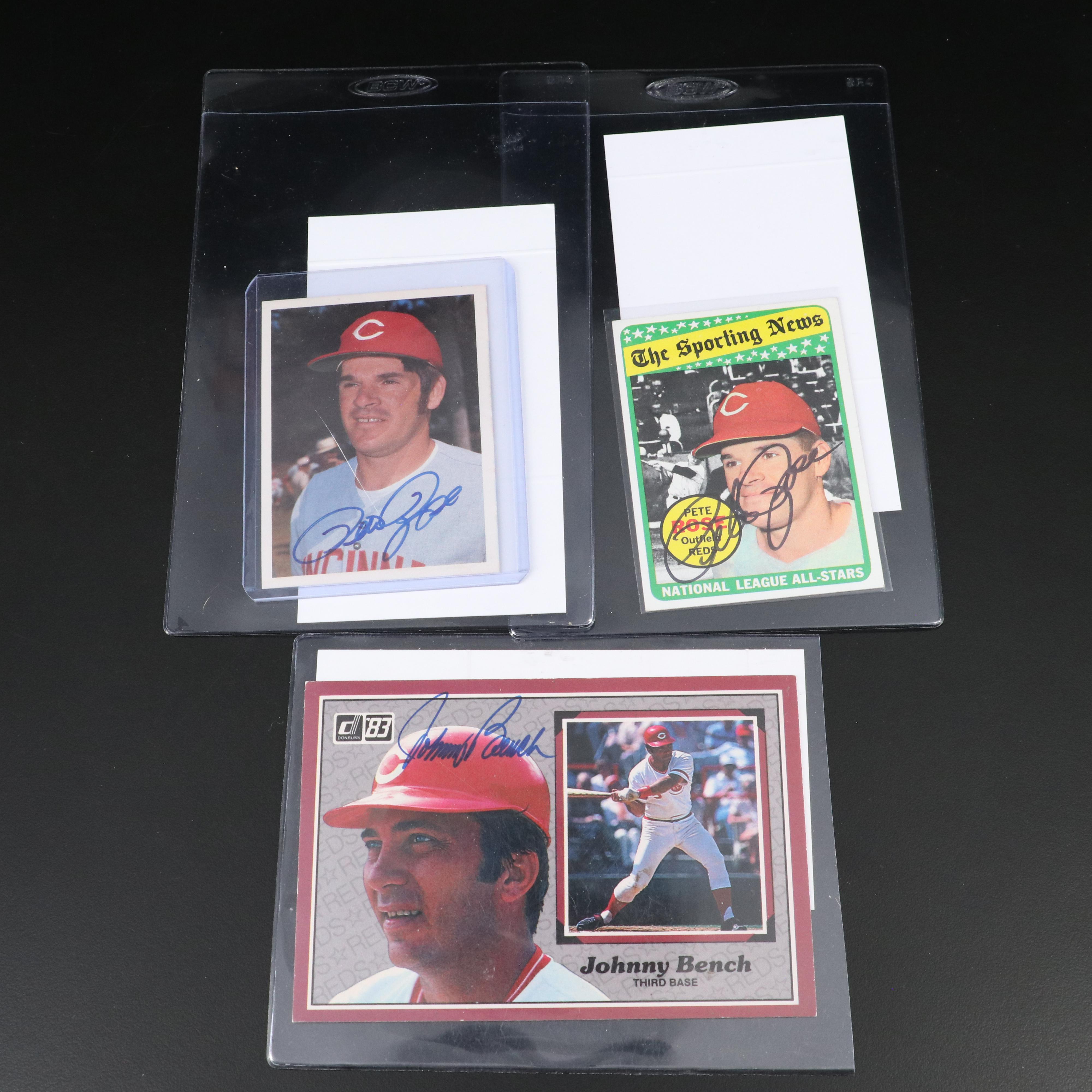 Pete Rose and Johnny Bench Signed Cincinnati Reds Baseball Cards, JSA