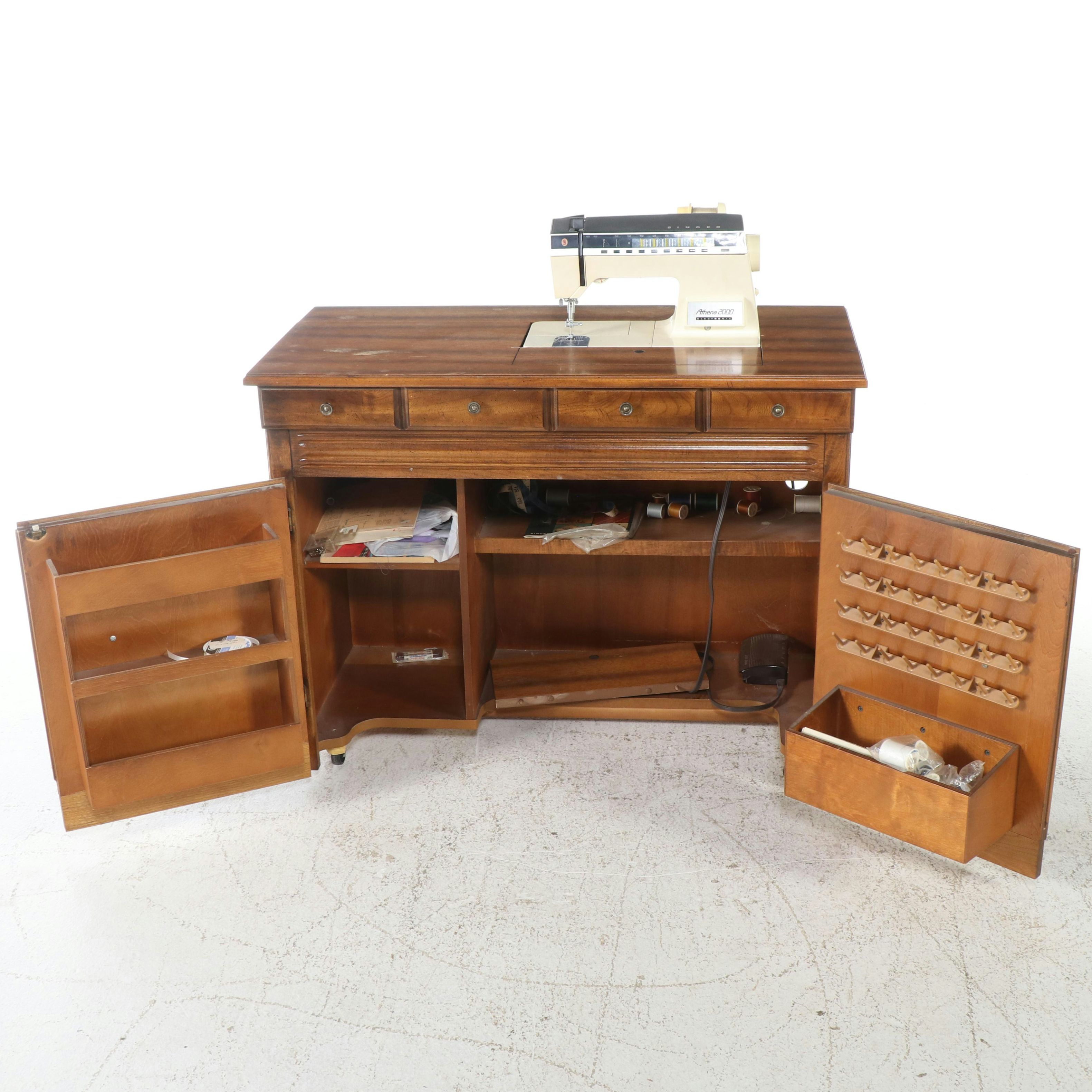 Singer Athena 2000 Electronic Sewing Machine in Colonial Style Walnut Cabinet