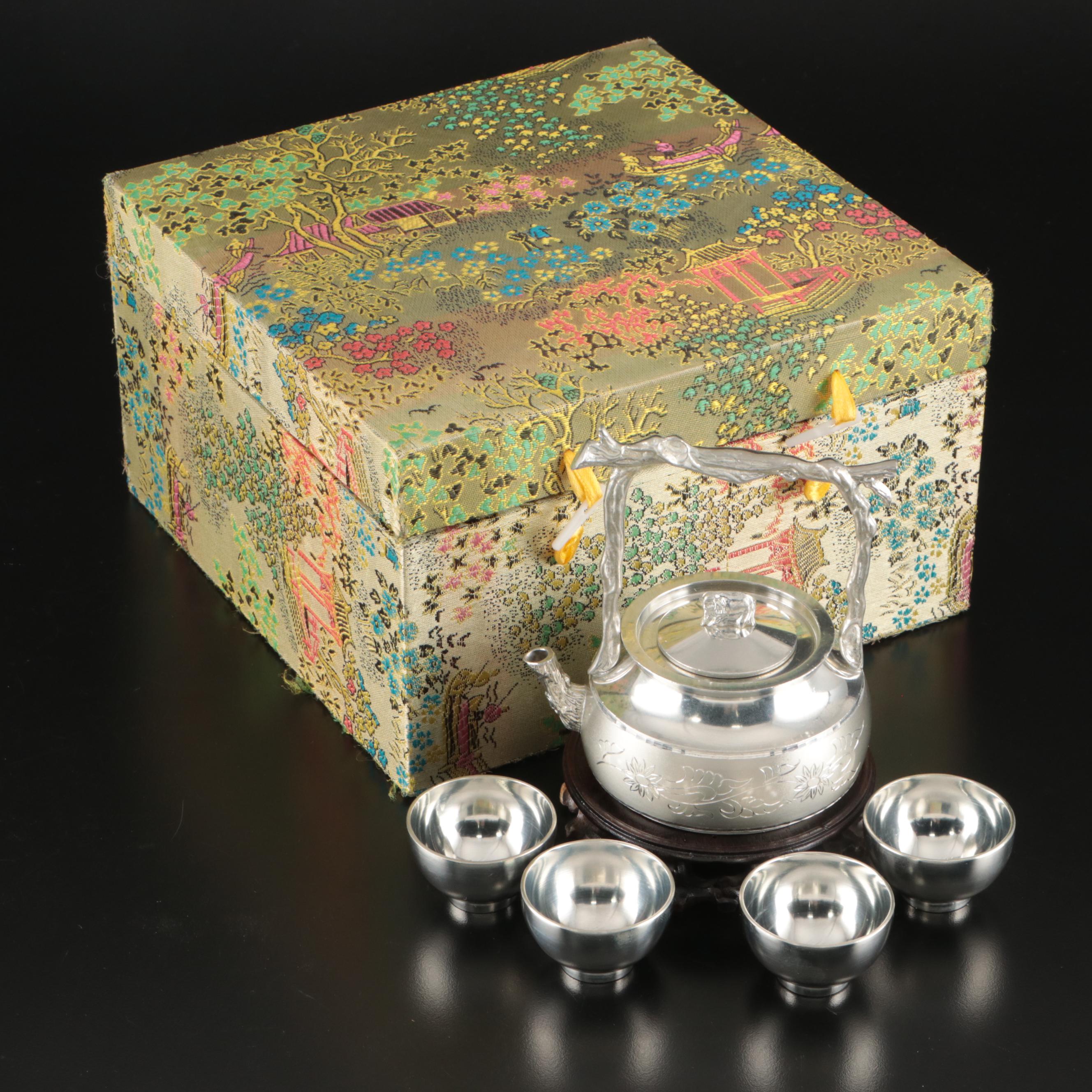 Chinese Floral Etched Metal Teapot and Teacups with Wood Stand