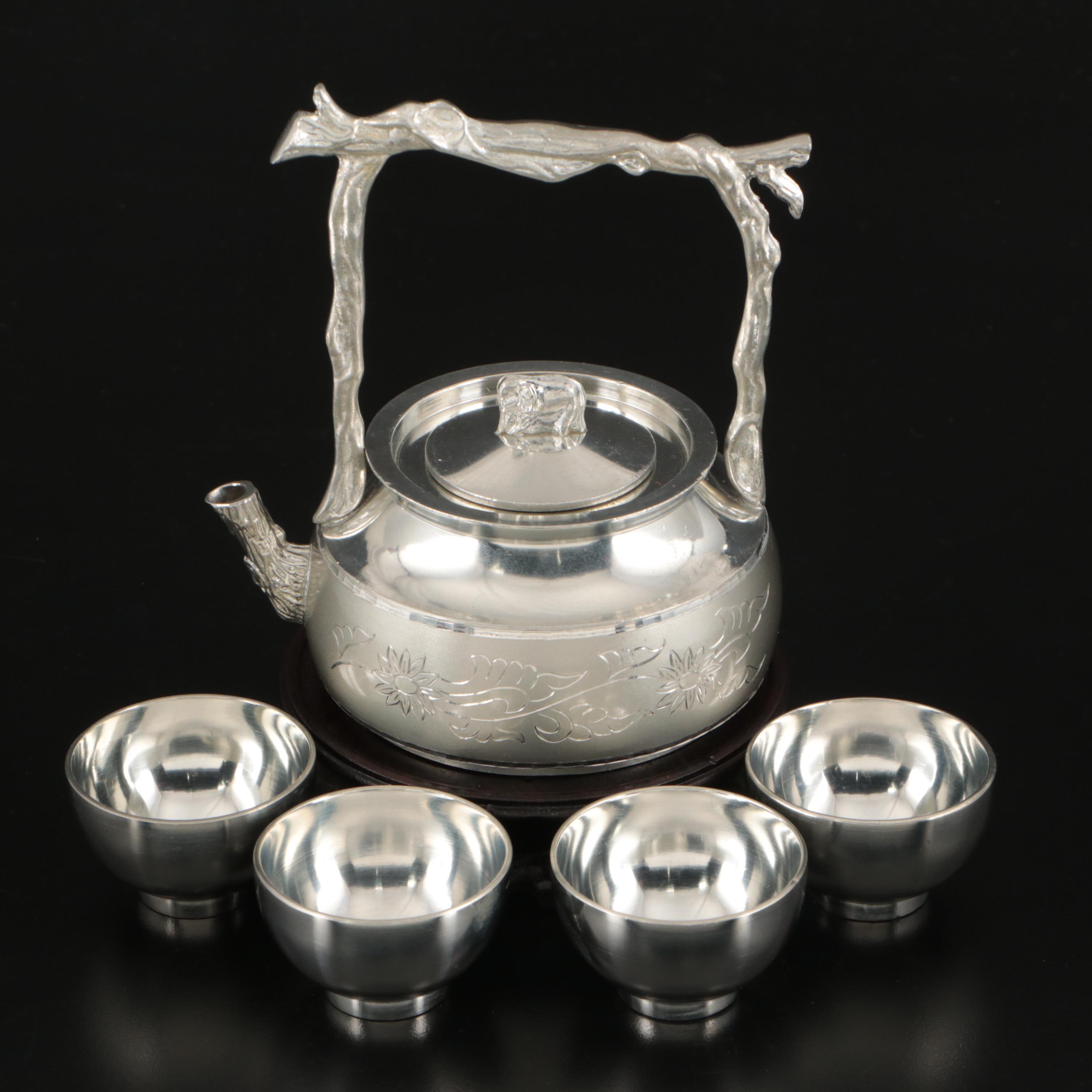 Chinese Floral Etched Metal Teapot and Teacups with Wood Stand