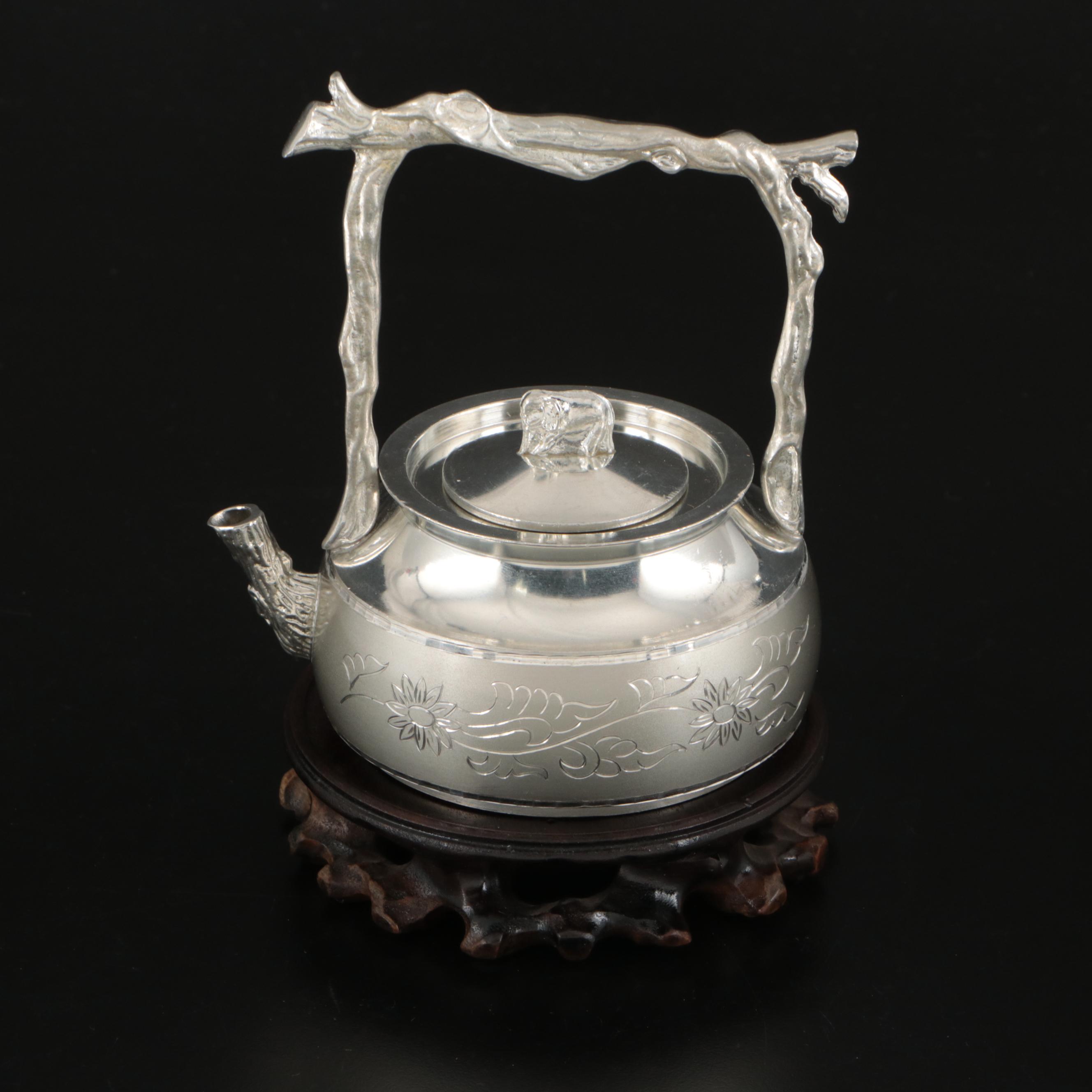 Chinese Floral Etched Metal Teapot and Teacups with Wood Stand