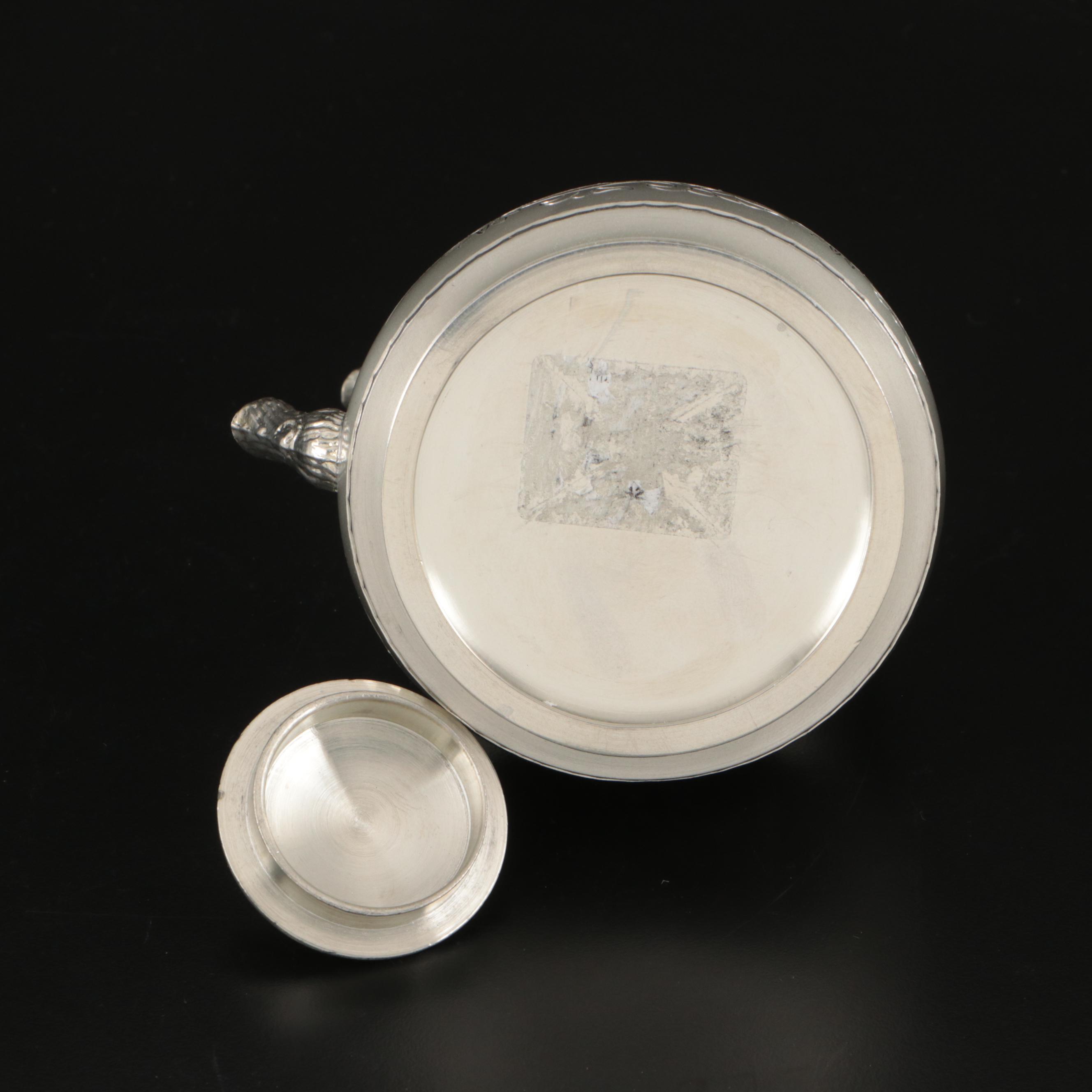 Chinese Floral Etched Metal Teapot and Teacups with Wood Stand