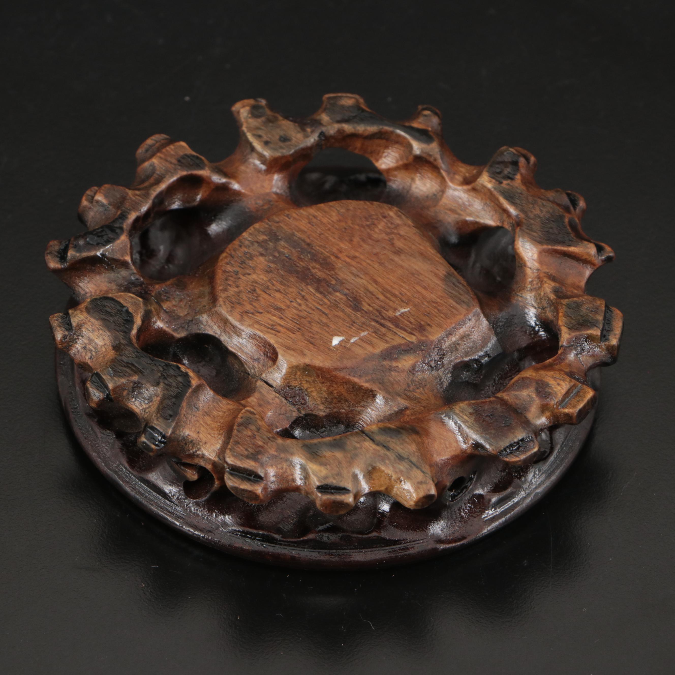 Chinese Floral Etched Metal Teapot and Teacups with Wood Stand