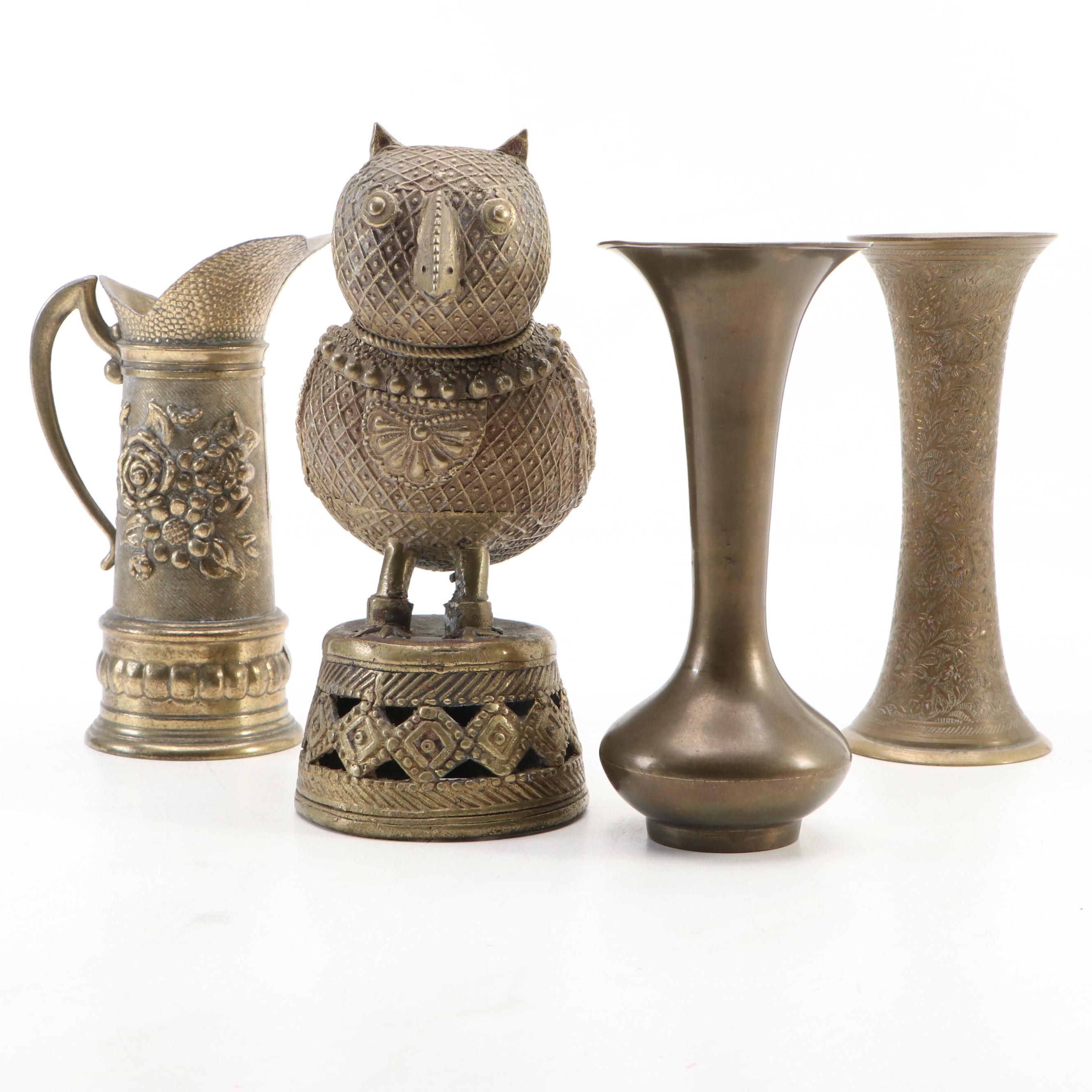 Brass Bud Vases with Embossed Pitcher and Dhokra Owl Figure