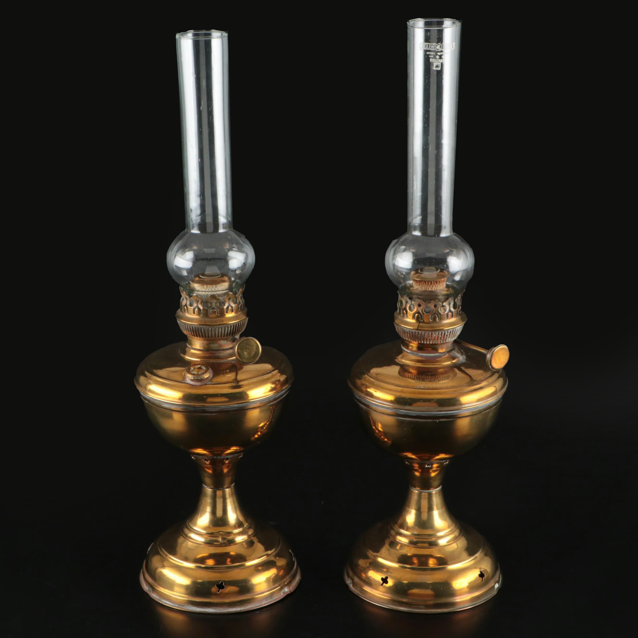 Otto Müller "Miracle-Light" Brass Oil Lamps with Glass Hurricanes, 19th Century