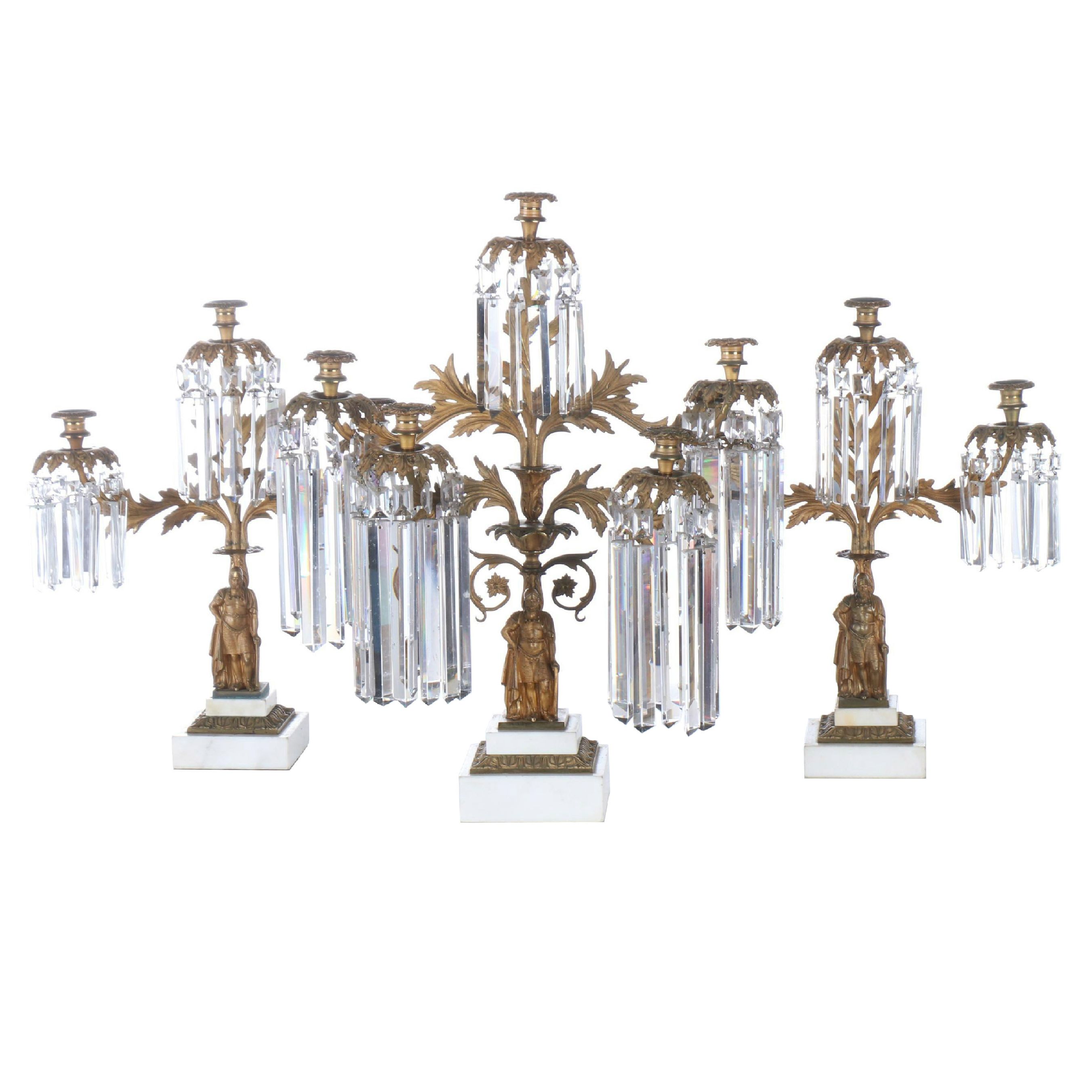 Large 26" Brass Five-Arm Candelabra with Glass Ornamentation and Marble Base