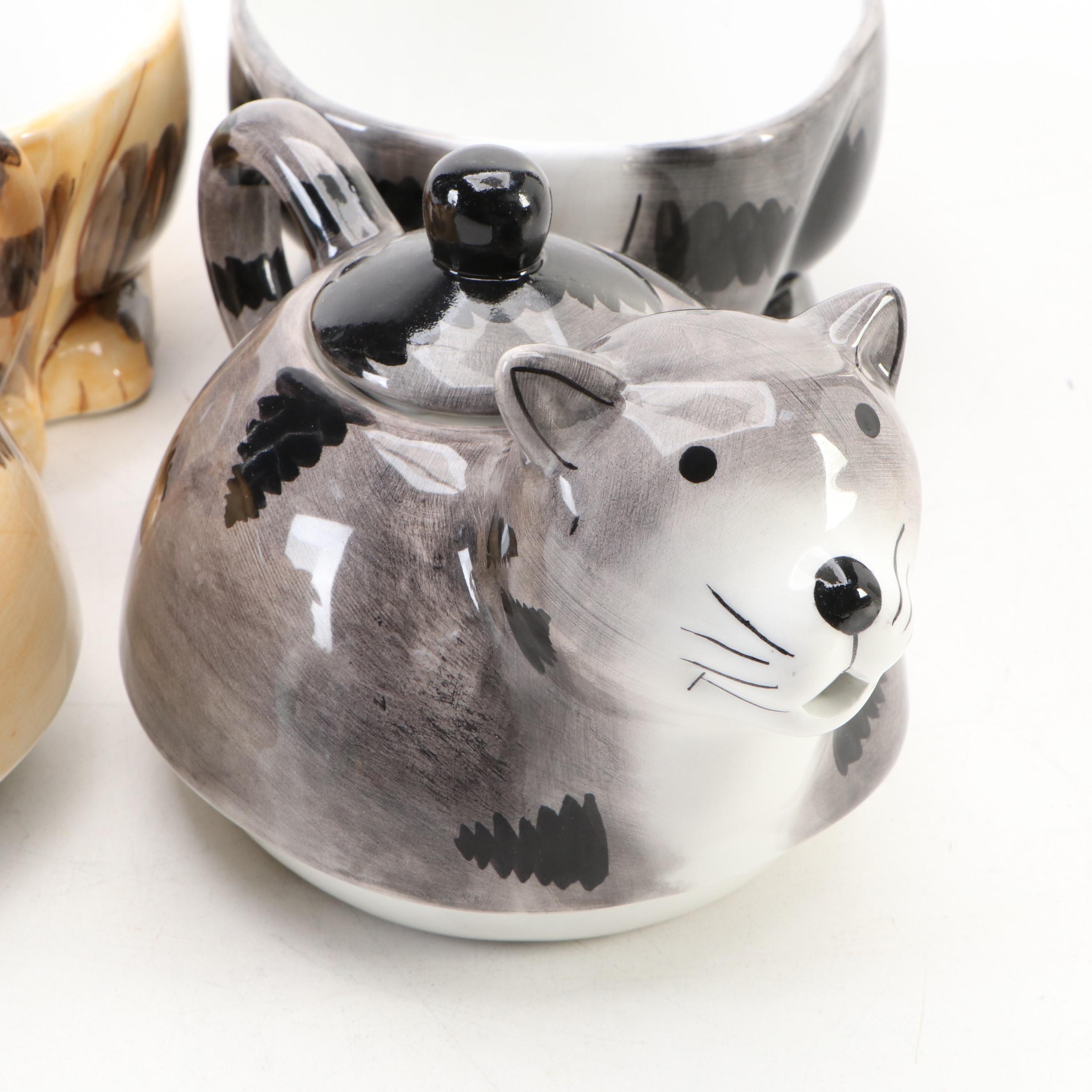 Ceramic Cat Shaped Tea for One Sets with Other Figurines and Decor