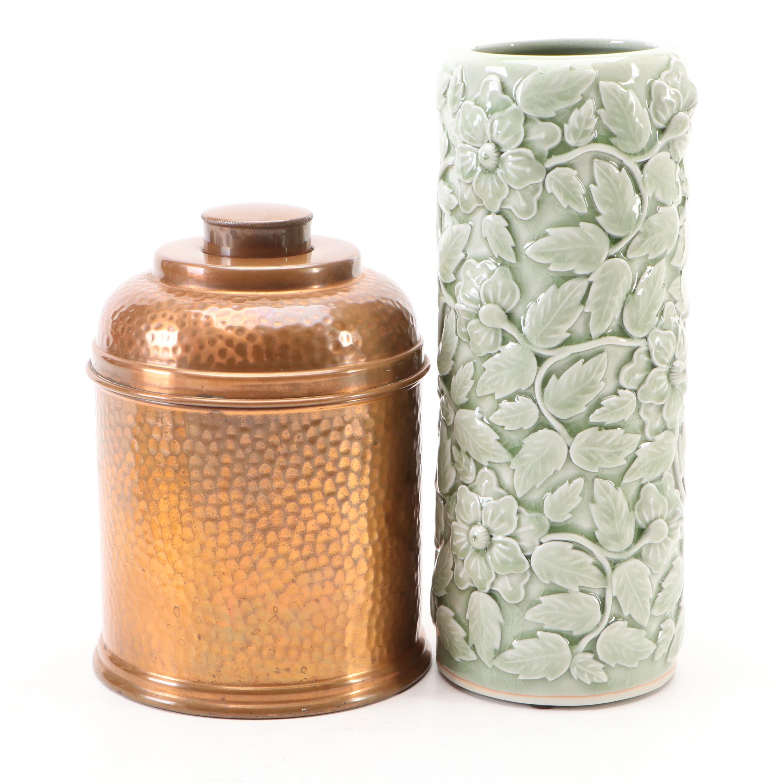 Ceramic Vase with Floral Reliefs, Copper Lidded Urn, and Wooden Hinged Box