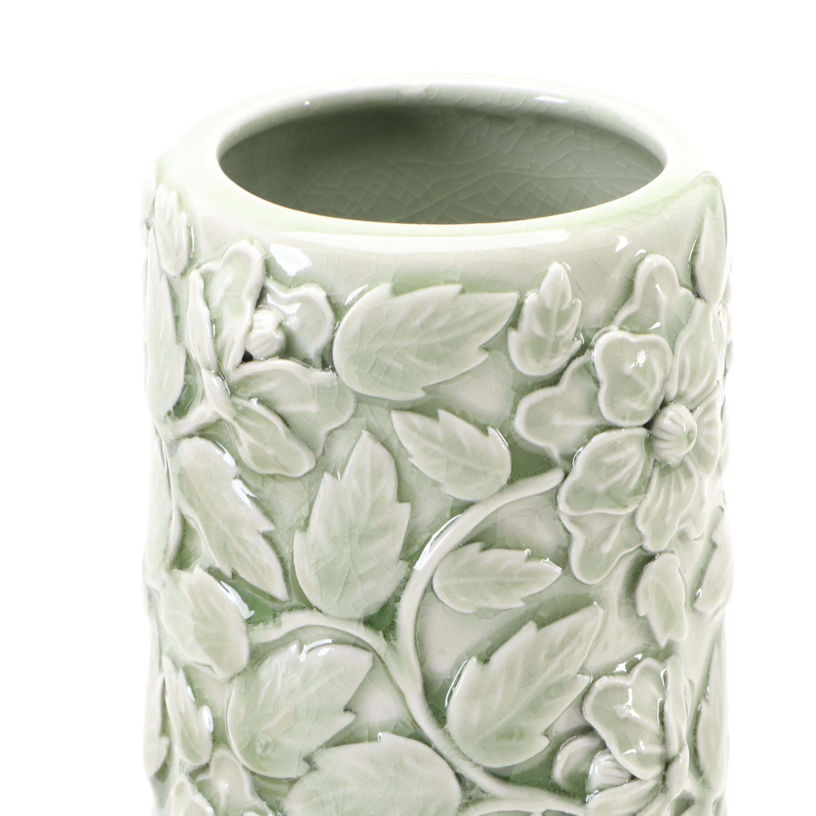 Ceramic Vase with Floral Reliefs, Copper Lidded Urn, and Wooden Hinged Box