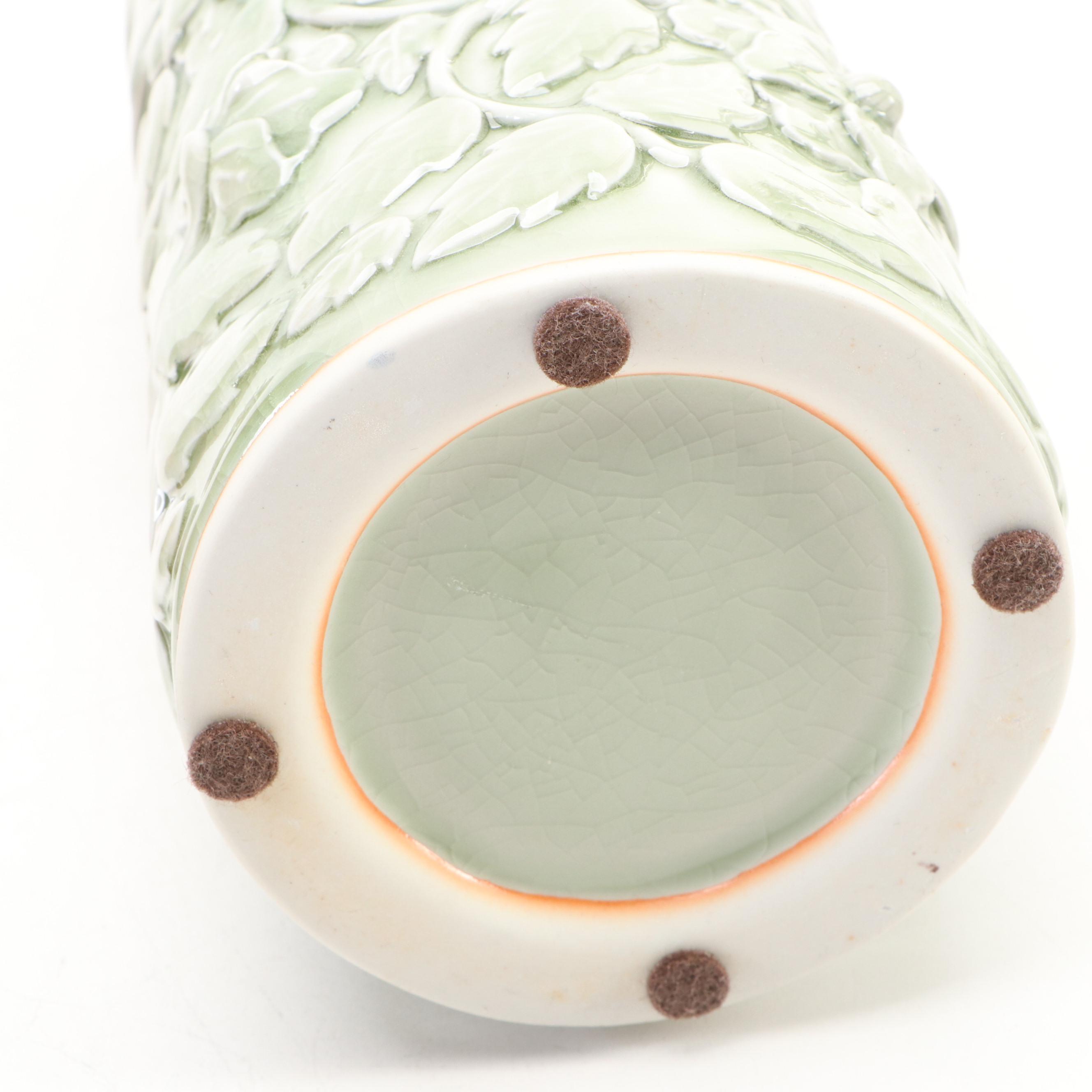 Ceramic Vase with Floral Reliefs, Copper Lidded Urn, and Wooden Hinged Box