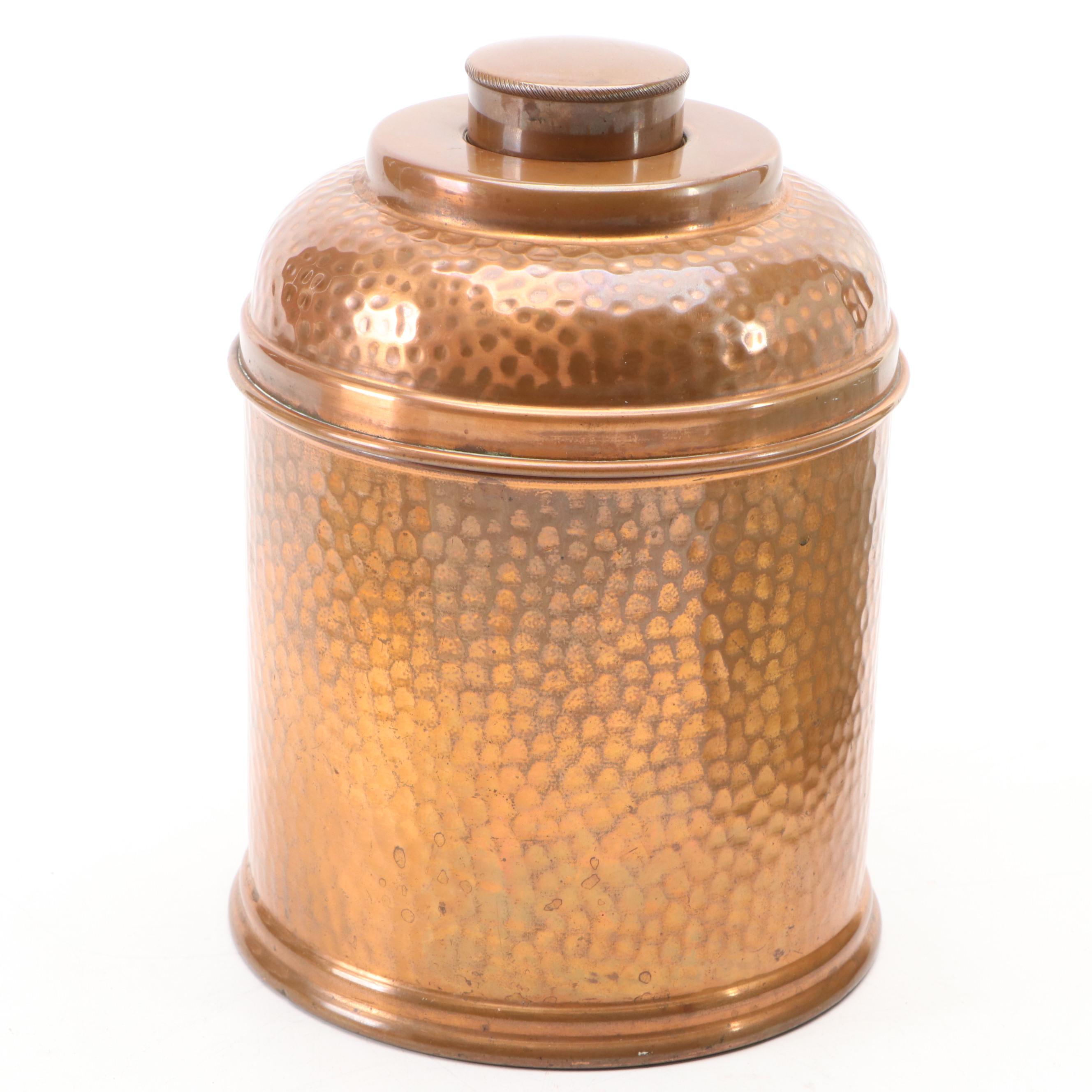 Ceramic Vase with Floral Reliefs, Copper Lidded Urn, and Wooden Hinged Box