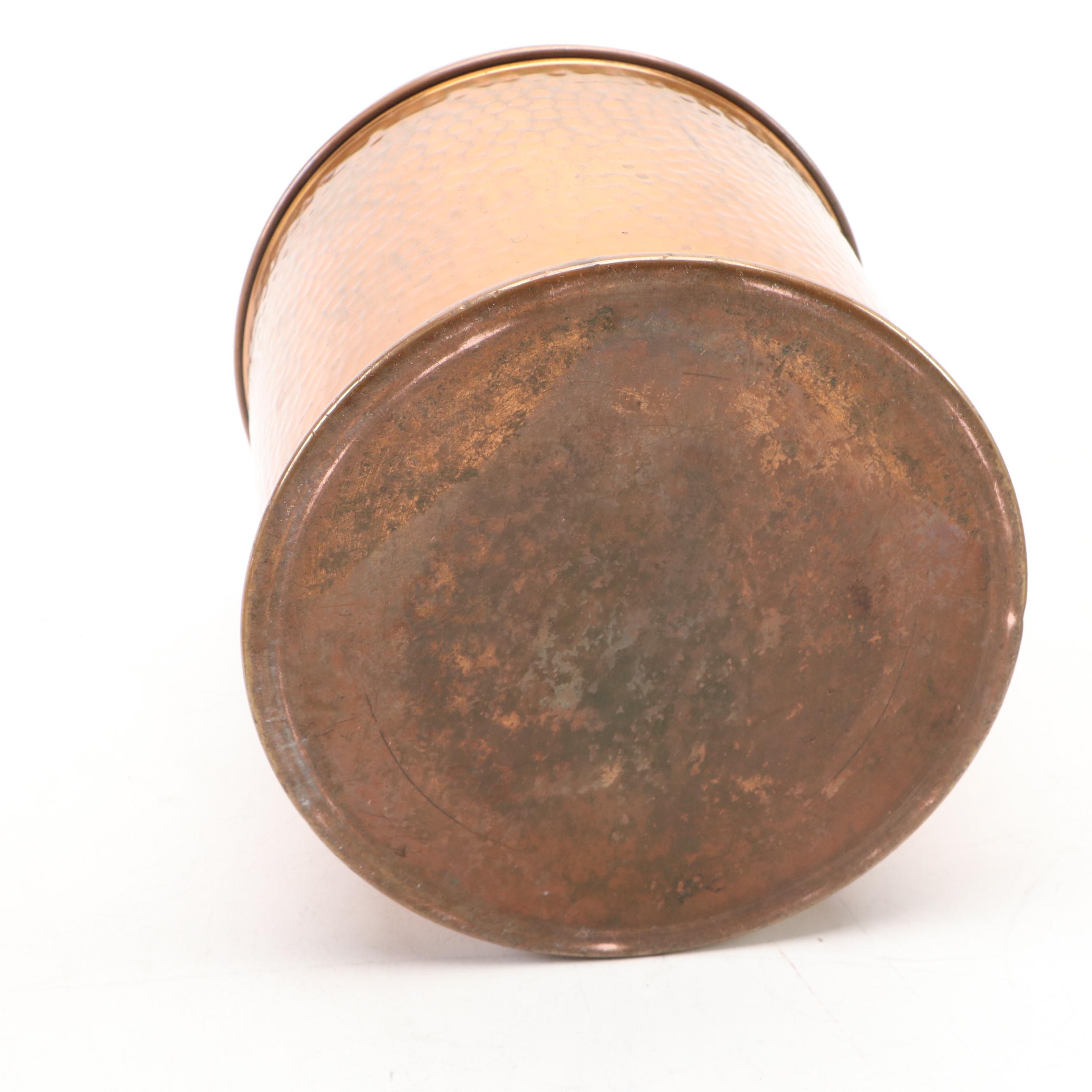 Ceramic Vase with Floral Reliefs, Copper Lidded Urn, and Wooden Hinged Box