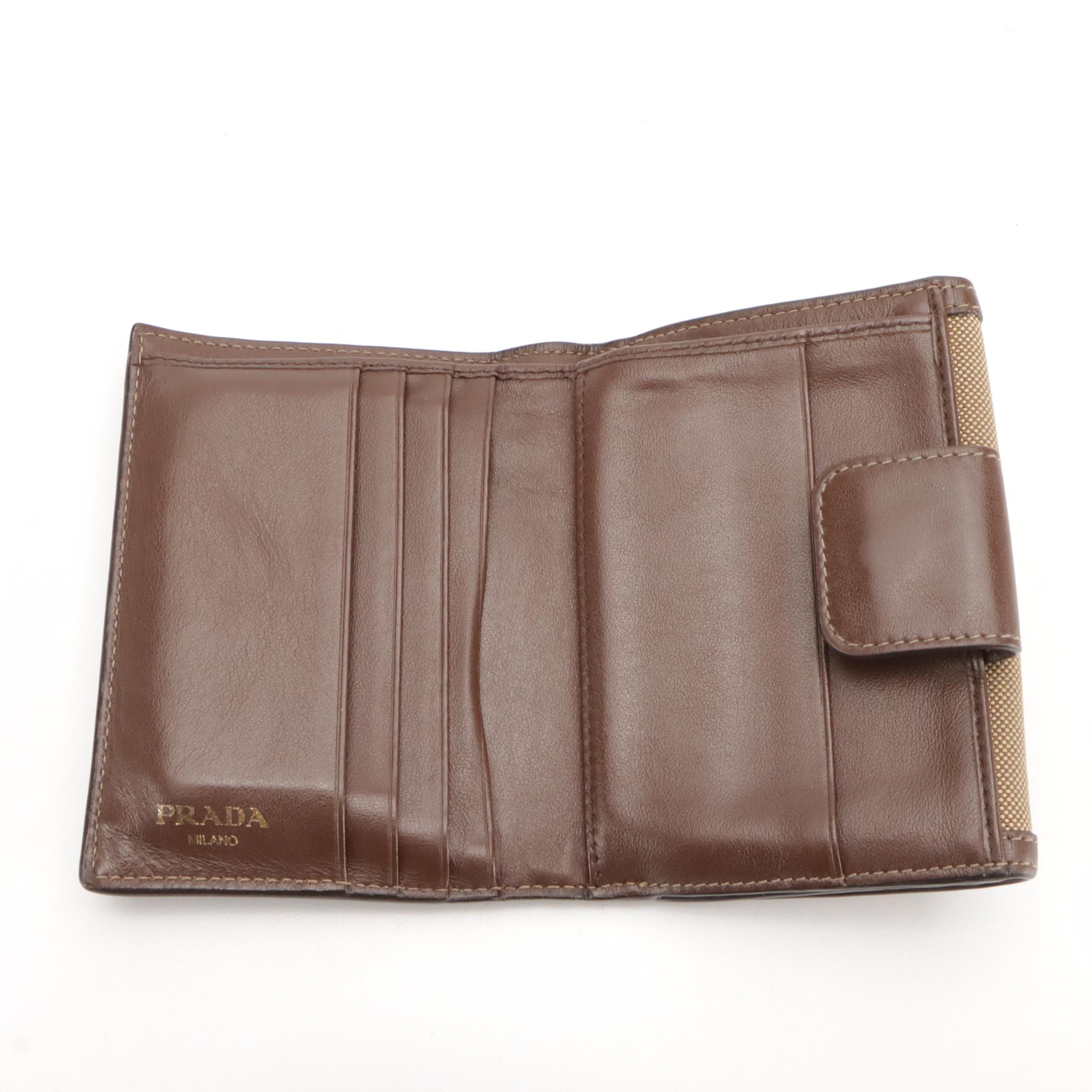 Prada Trifold Compact Wallet in Brown Logo Jacquard and Leather Trim, With Box