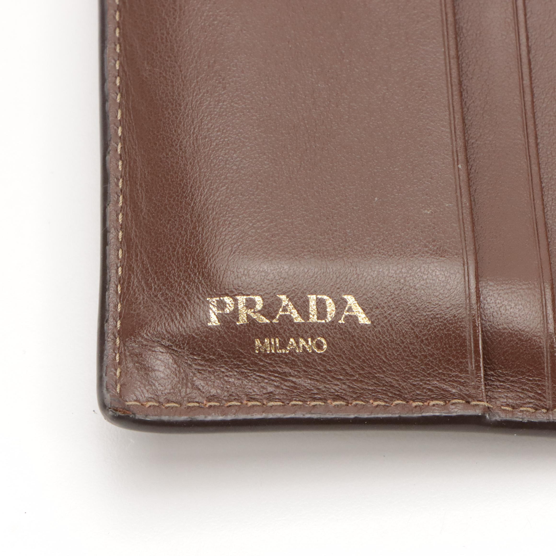 Prada Trifold Compact Wallet in Brown Logo Jacquard and Leather Trim, With Box