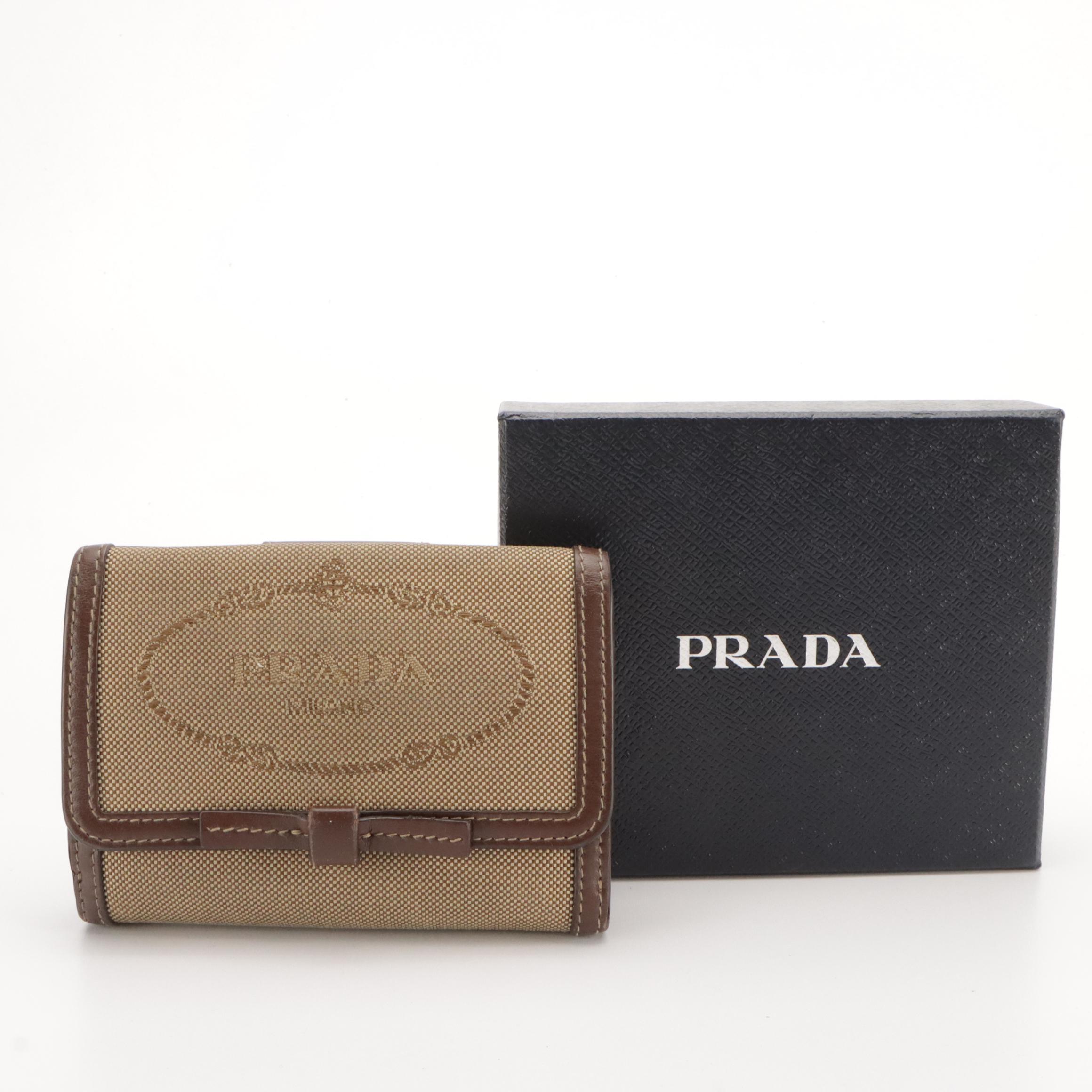 Prada Trifold Compact Wallet in Brown Logo Jacquard and Leather Trim, With Box