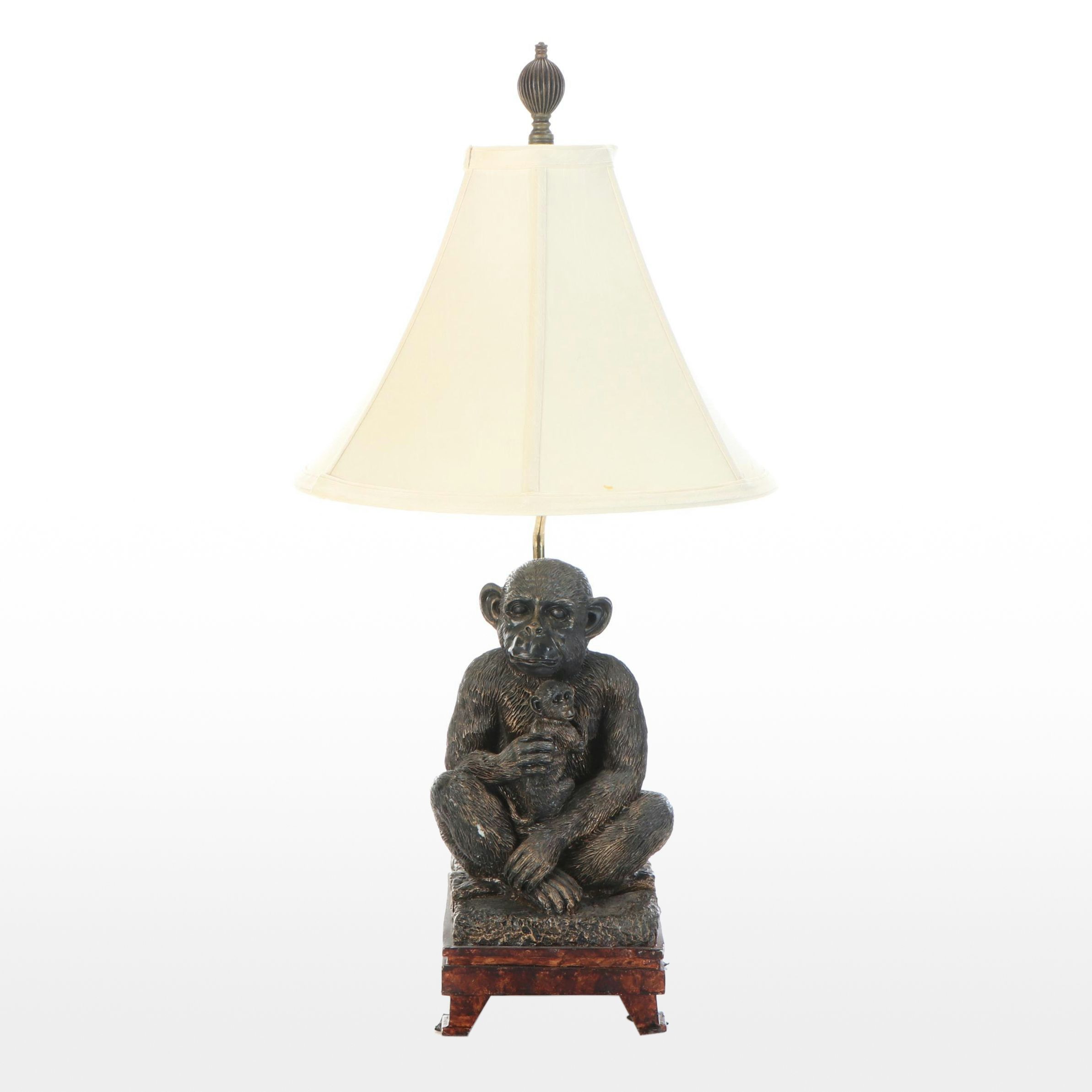 Patinated Finish Chimp Mother with Baby Figural Table Lamp & Silk Shade, 21st C