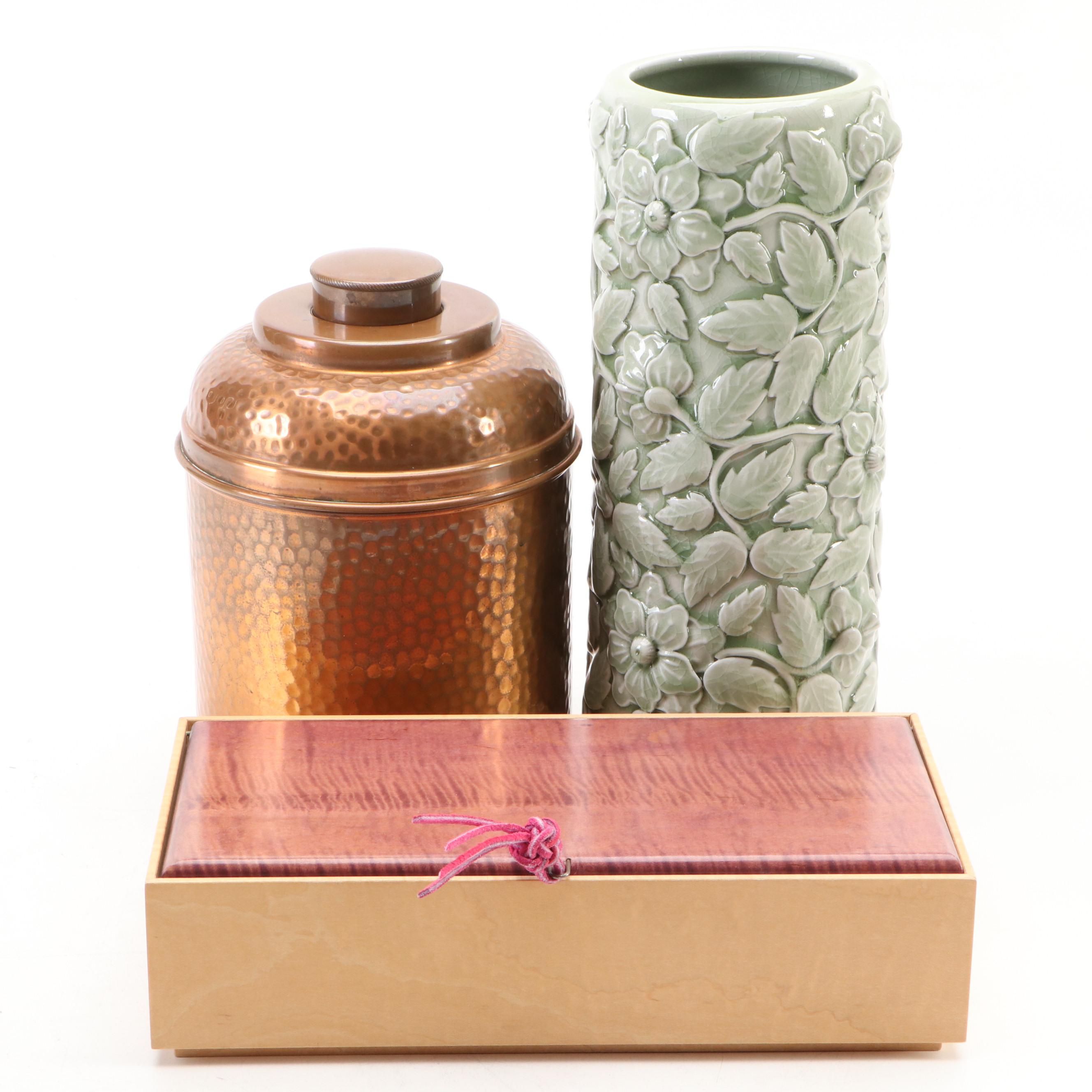 Ceramic Vase with Floral Reliefs, Copper Lidded Urn, and Wooden Hinged Box