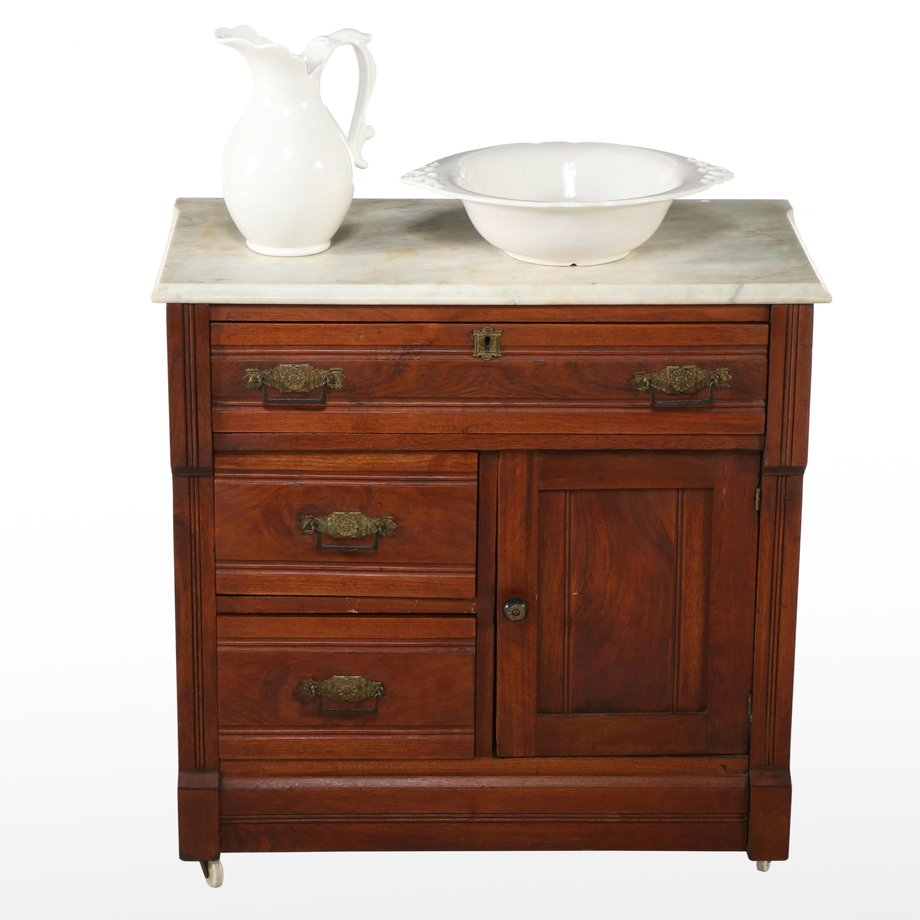 Victorian Marble Top Washstand with Haeger Ceramic Pitcher and Basin